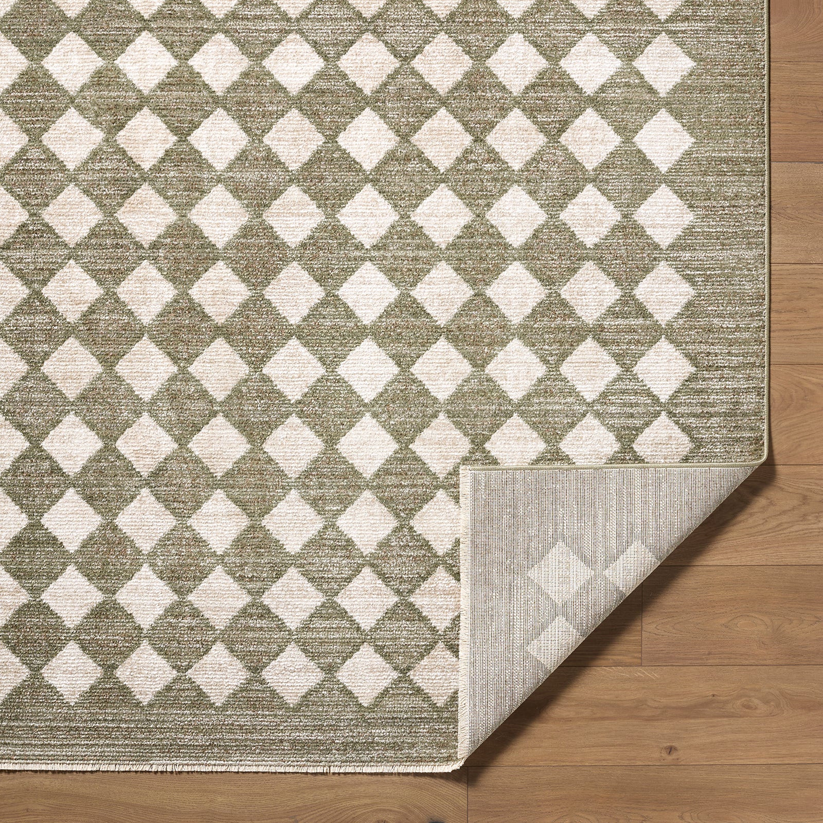 Myrtle Avenue V Galey Alix Geometric Diamond Fringe Taupe & Olive Polypropylene & Polyester Rug 160x230cm - folded detail
