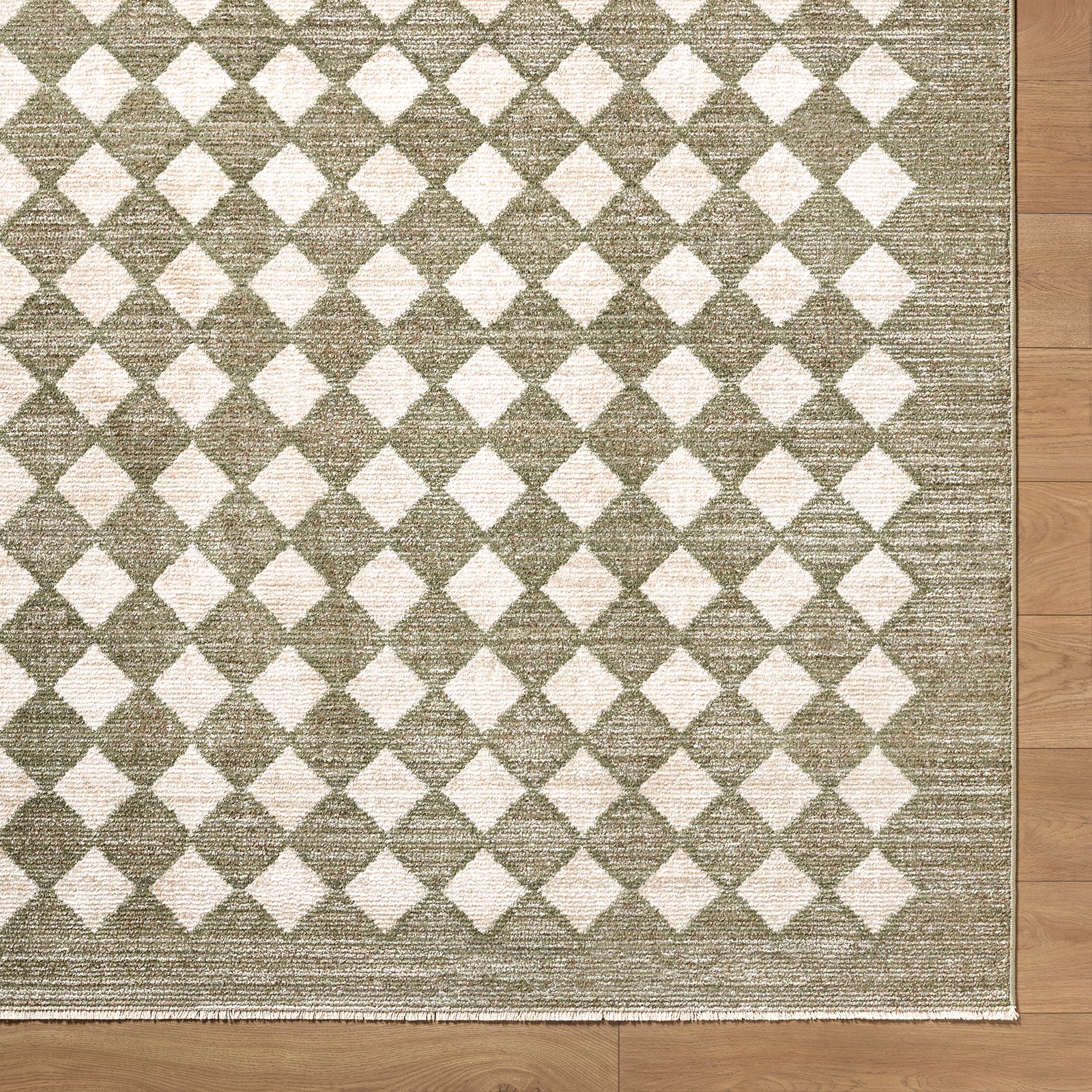 Myrtle Avenue V Galey Alix Geometric Diamond Fringe Taupe & Olive Polypropylene & Polyester Rug 160x230cm - reverse roll detail