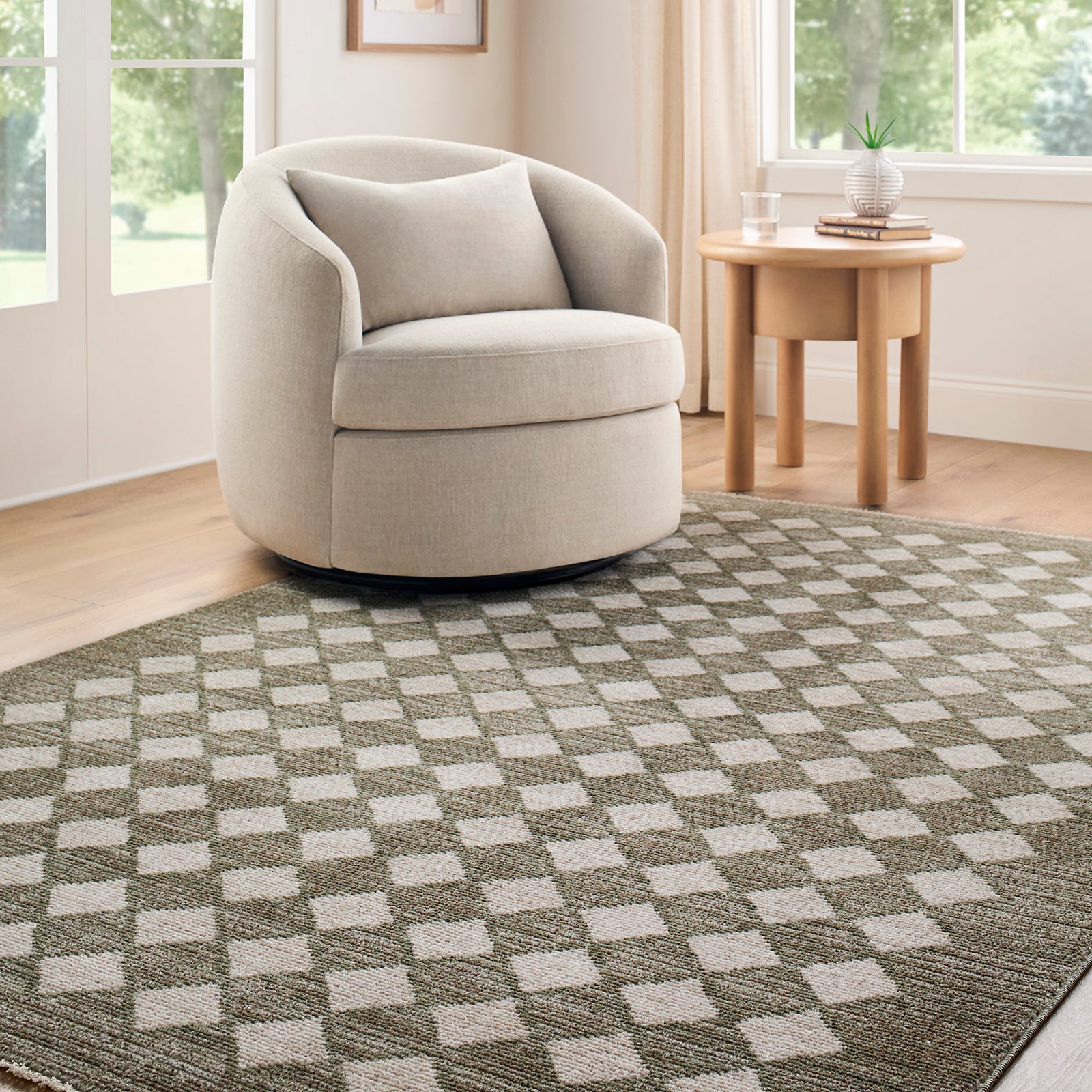 Myrtle Avenue V Galey Alix Geometric Diamond Fringe Taupe & Olive Polypropylene & Polyester Rug 160x230cm - room setting