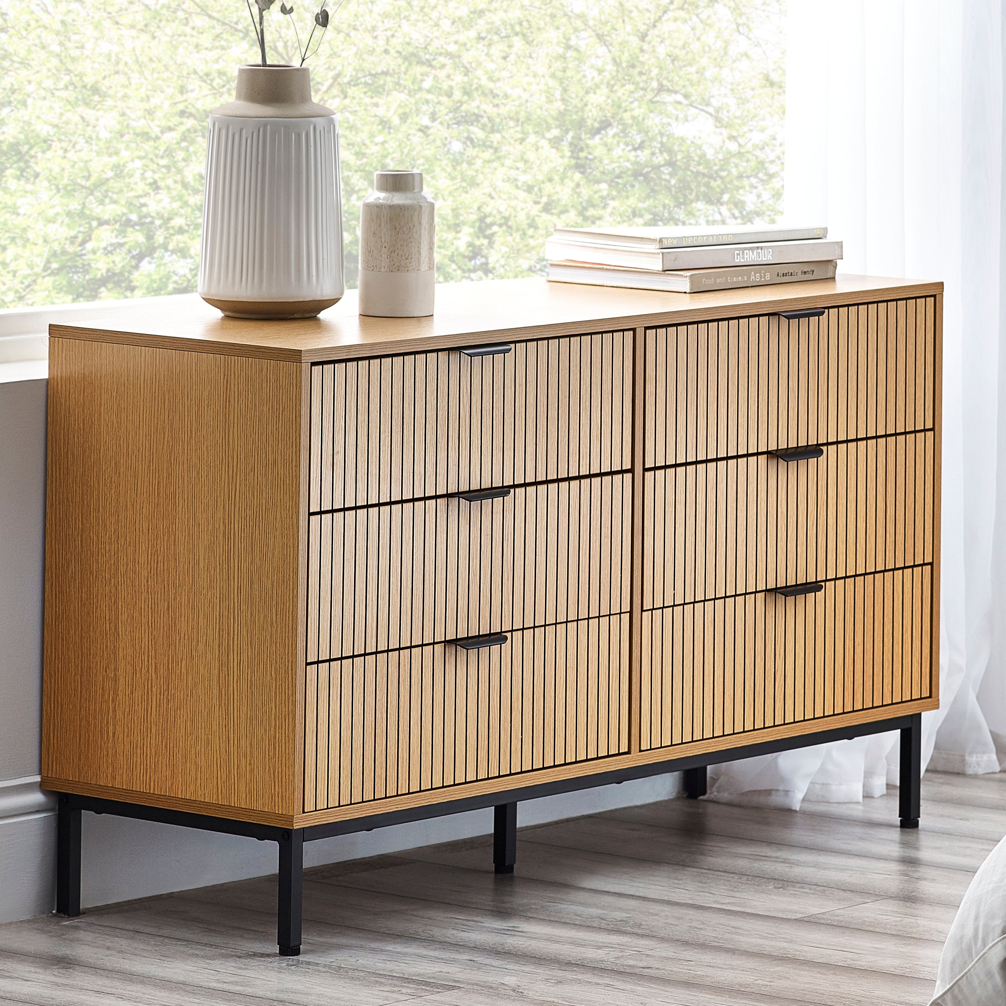 Arya Slatted Oak Wood Chest of Drawers | 6 Drawers
