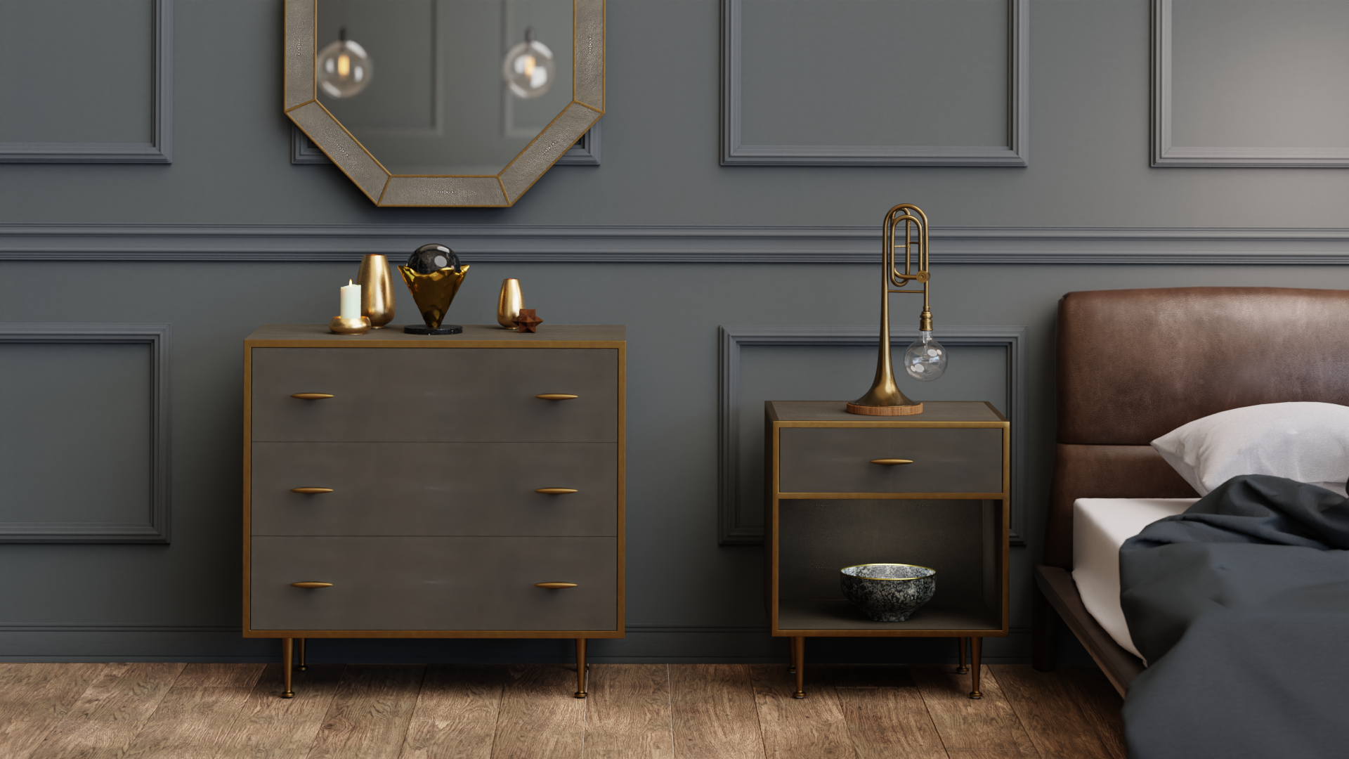 DI Designs Hampton Grey Shagreen & Gold Square Standing Bedside Table