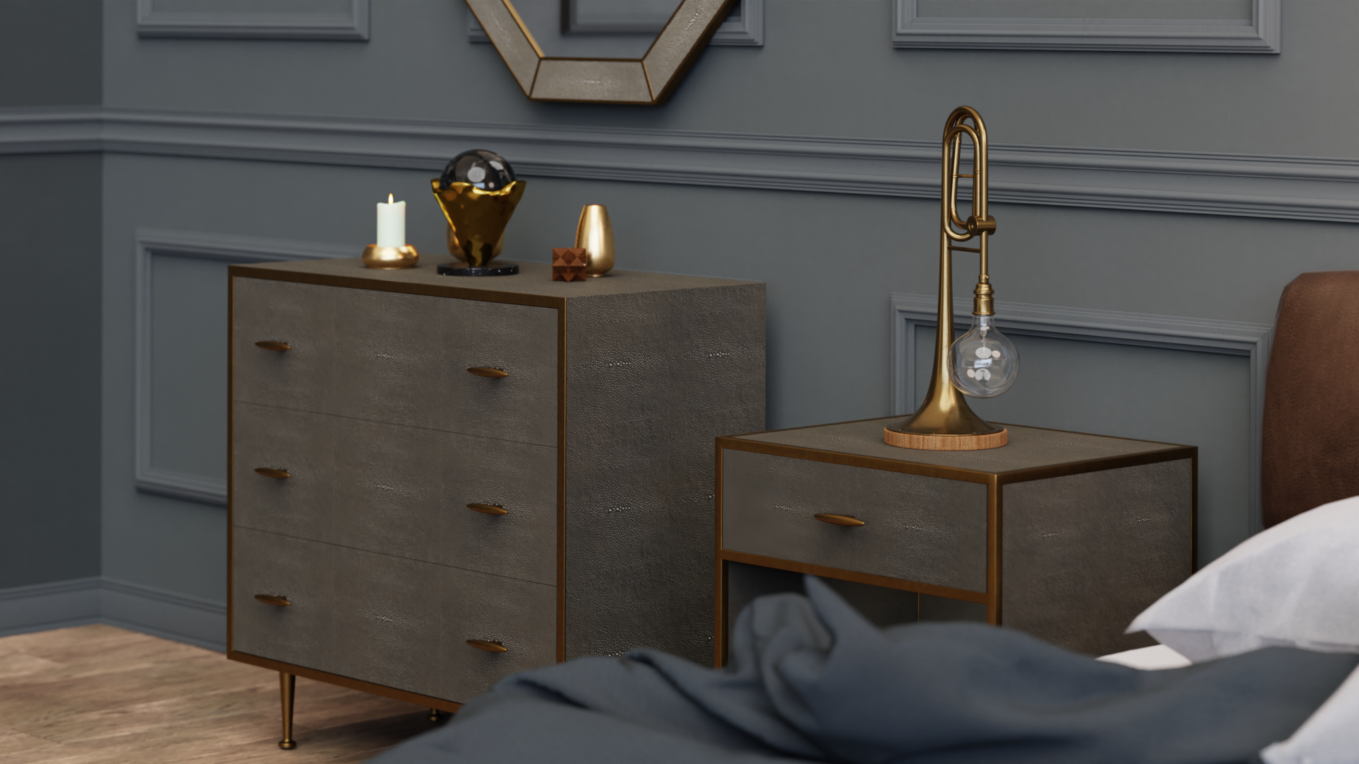 DI Designs Hampton Grey Shagreen & Gold Square Standing Bedside Table