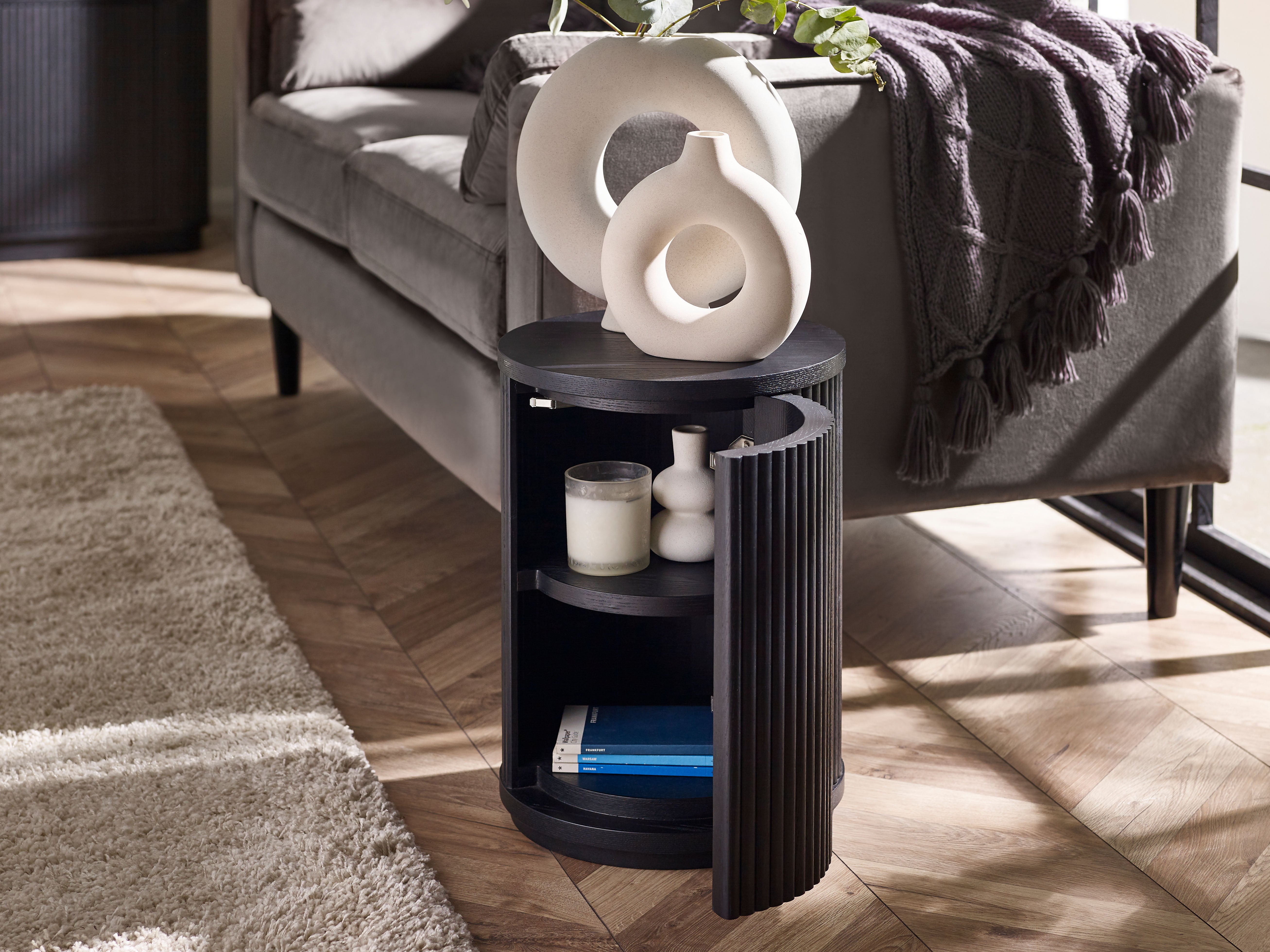 Como Reeded Black Wood Side Table With Door