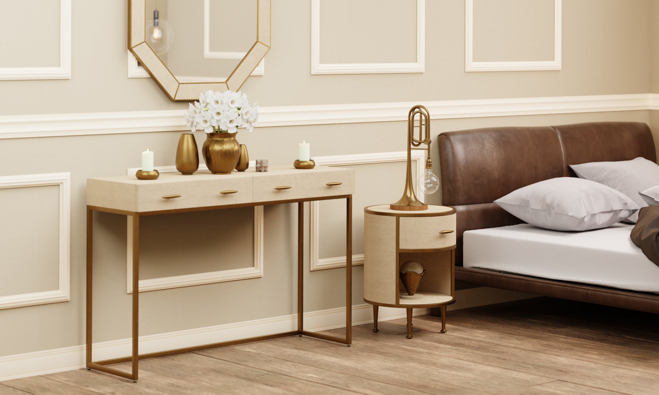 DI Designs Hampton Ivory Shagreen & Gold Round Bedside Table