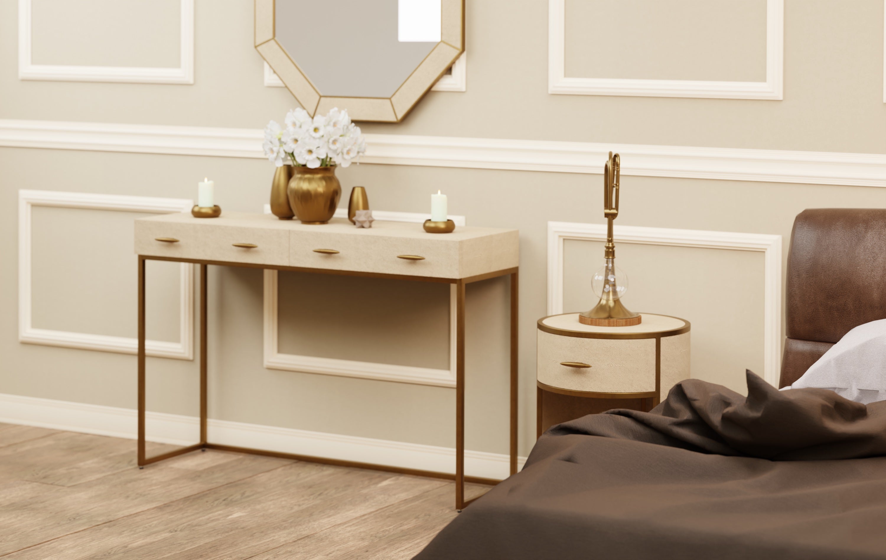 DI Designs Hampton Ivory Shagreen & Gold Round Bedside Table
