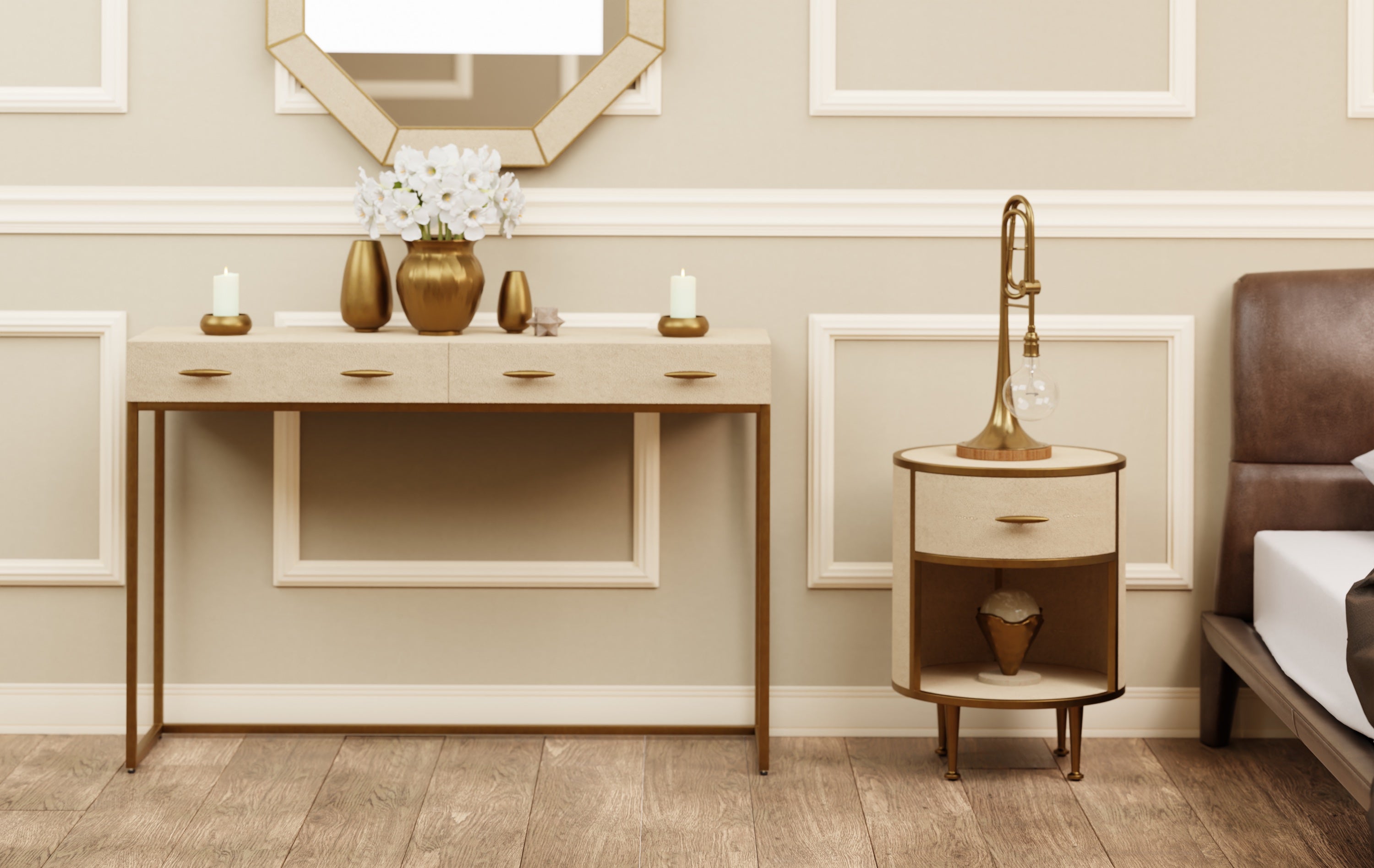 DI Designs Hampton Ivory Shagreen & Gold Round Bedside Table