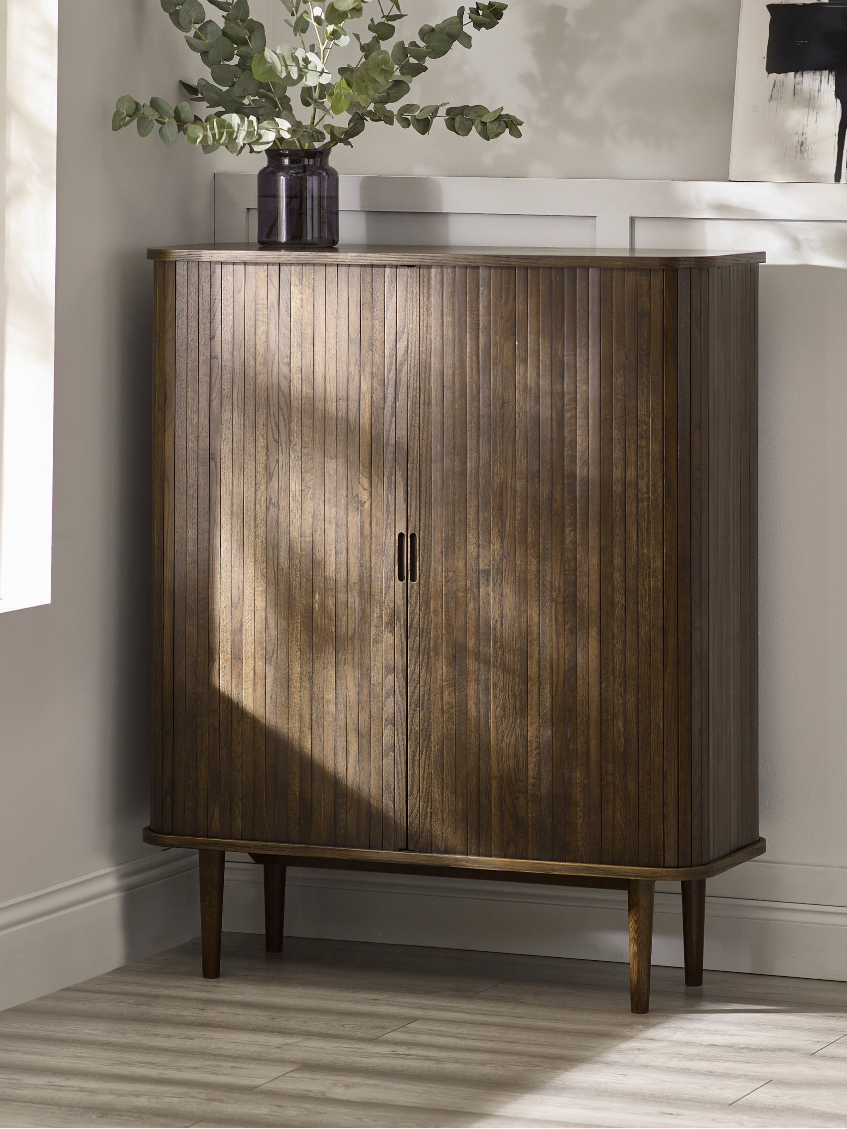 Pedra Dark Oak Wood Slatted Wine Cabinet
