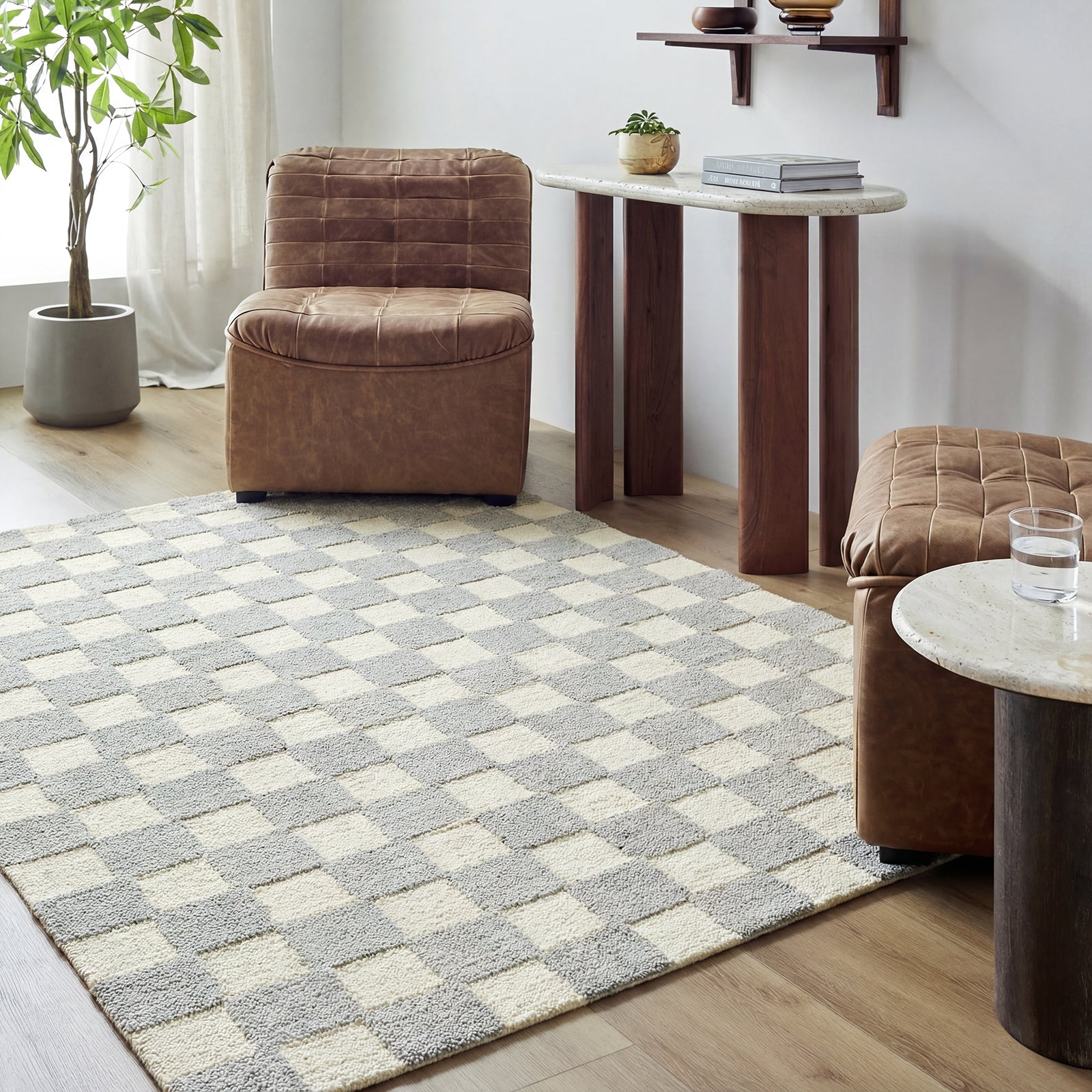 Klopp Modern Wool Checkboard Grey & Pewter Rug 153x219cm - room setting
