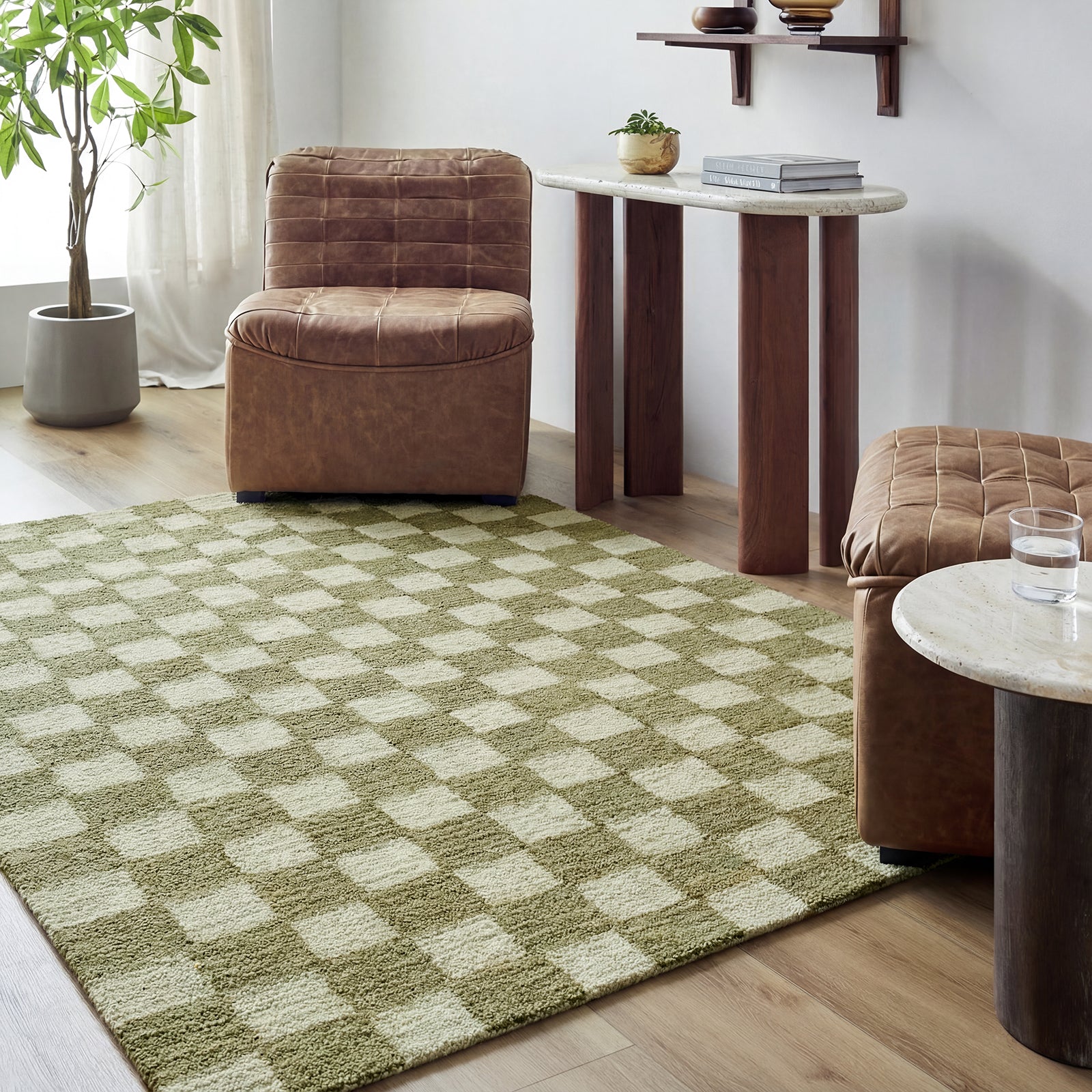 Klopp Modern Wool Checkboard Green & Olive Green Rug 183x275cm - room setting