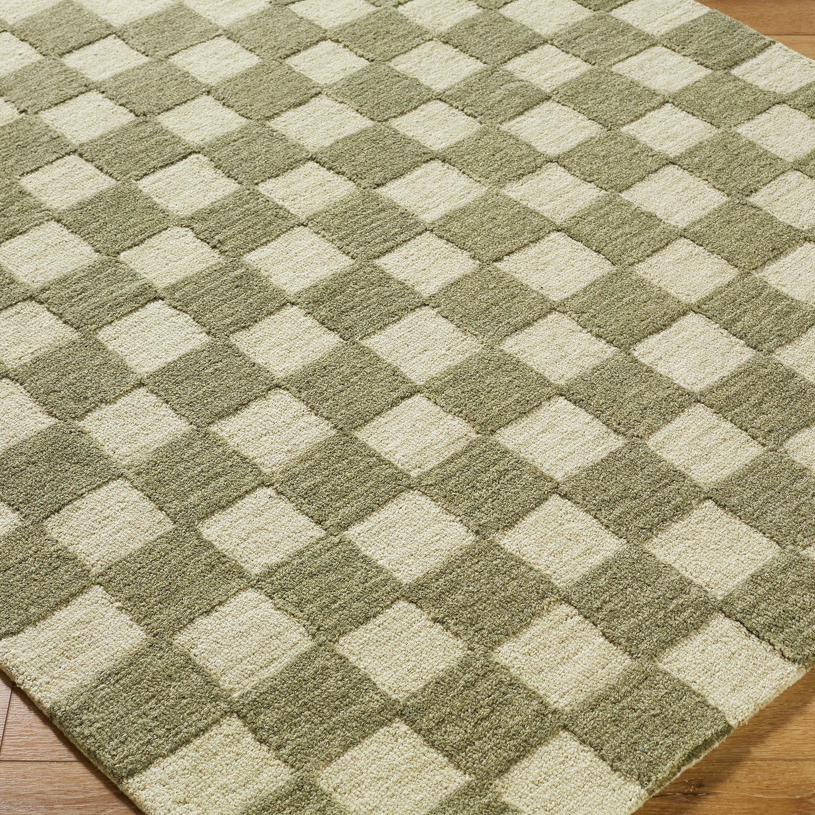 Klopp Modern Wool Checkboard Green & Olive Green Rug 183x275cm - corner detail