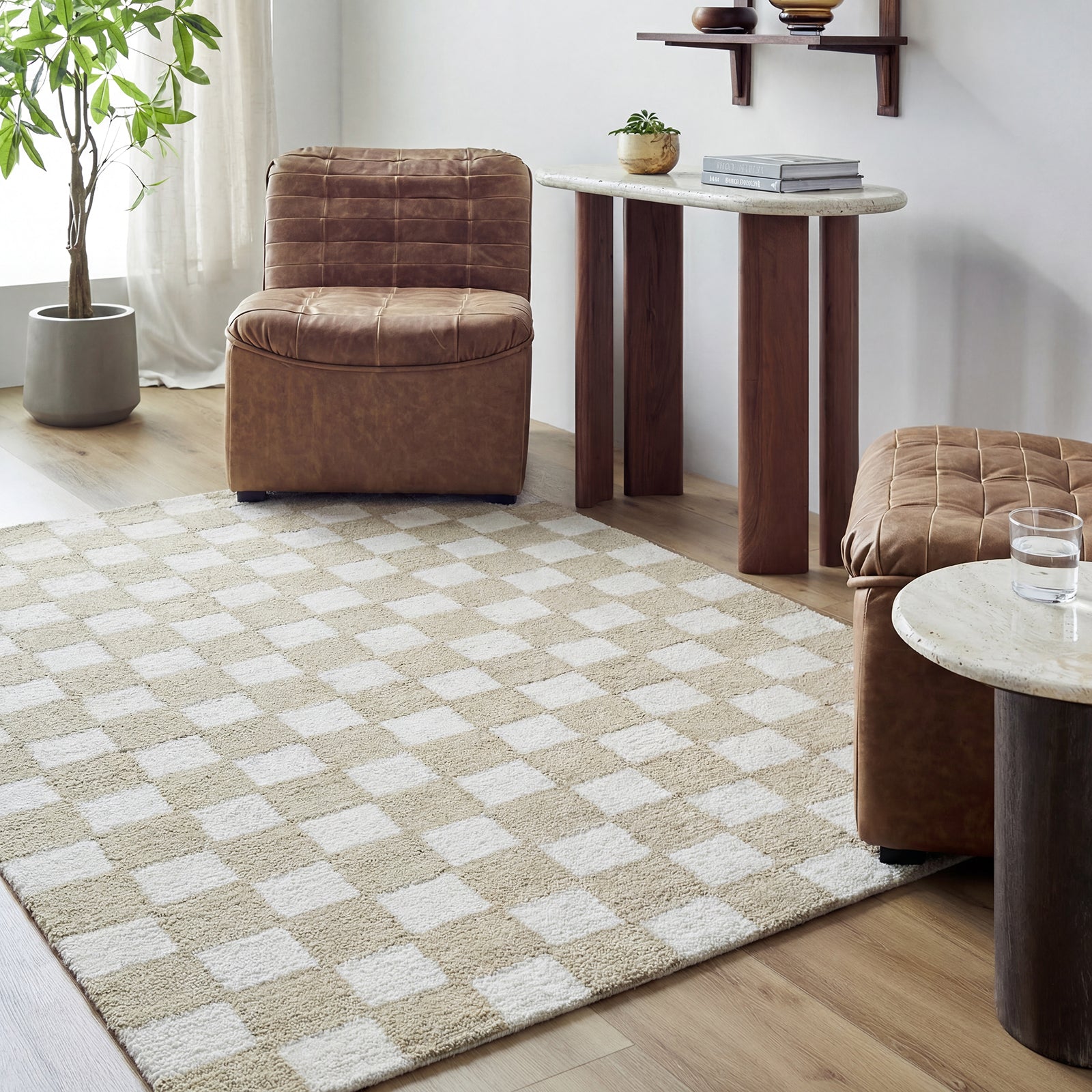 Klopp Modern Wool Checkboard Beige & Ivory Rug 153x219cm - room setting