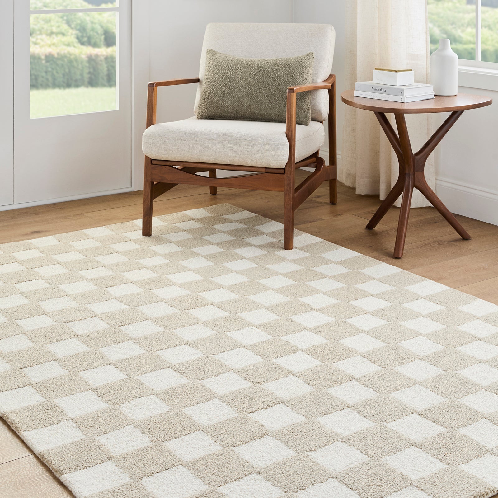 Klopp Modern Wool Checkboard Beige & Ivory Rug 153x219cm - styled detail