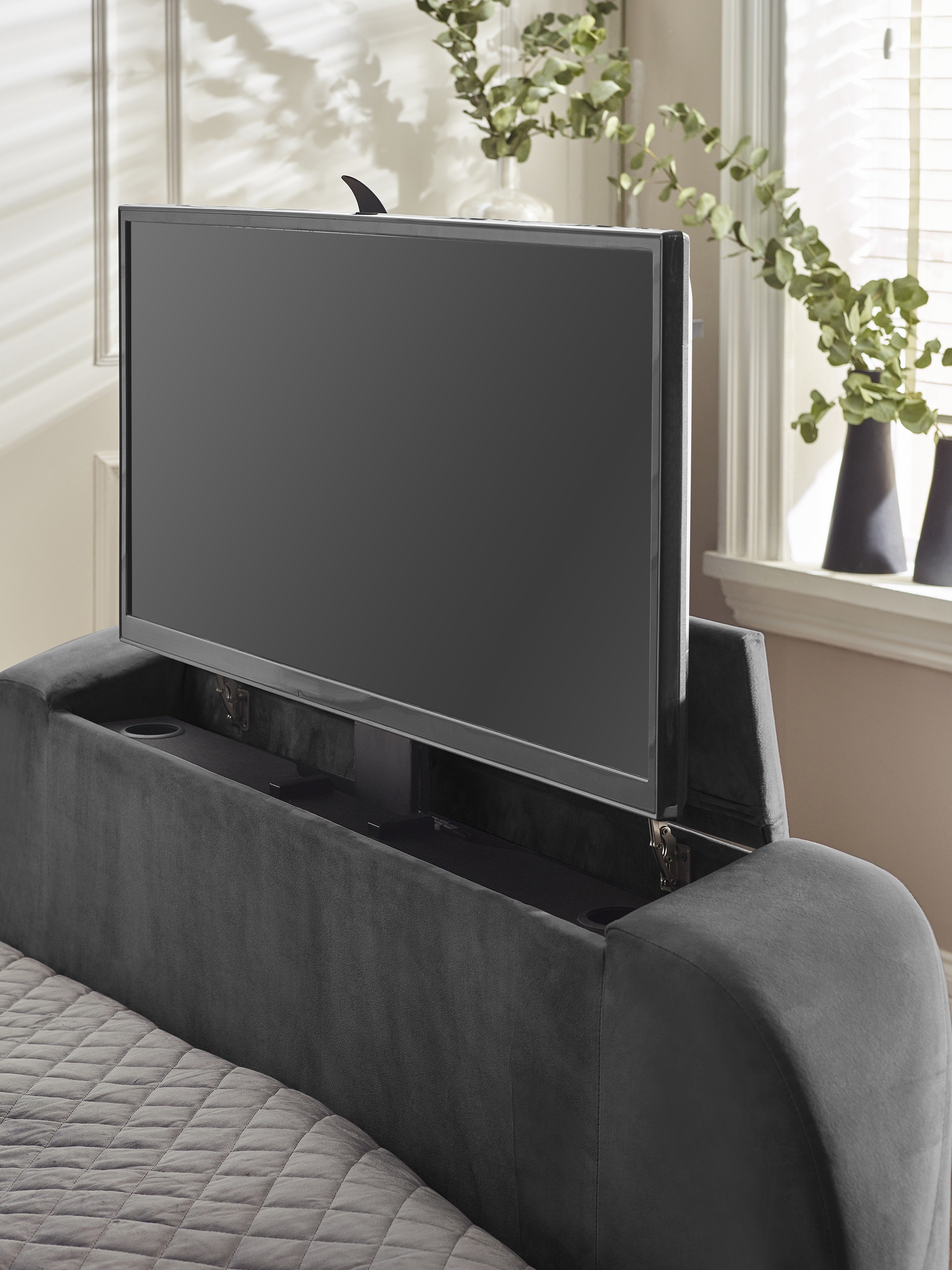 Alston Dark Grey Velvet Ottoman TV Bed King