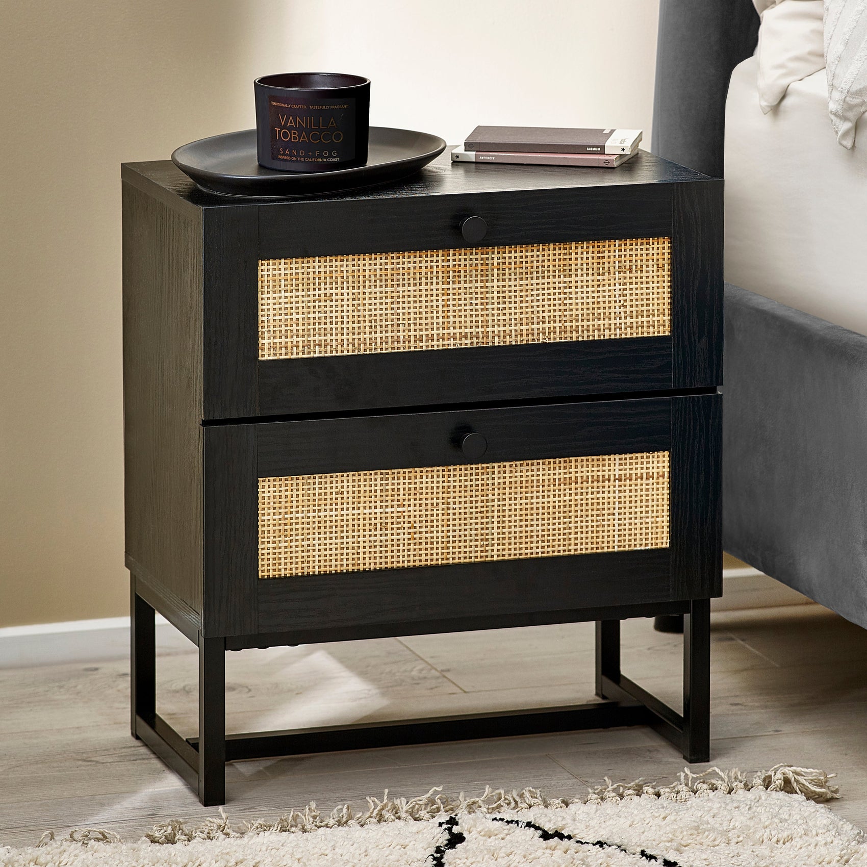 Clermont Black Oak Wood & Rattan Bedside Table