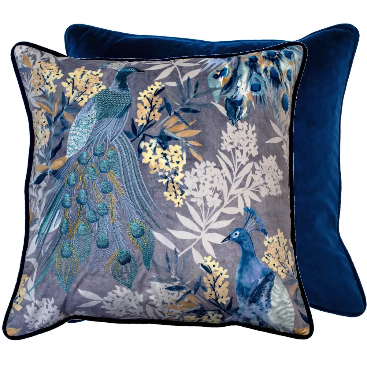Malini Pippa Blue Peacocks Velvet Square Cushion 45x45