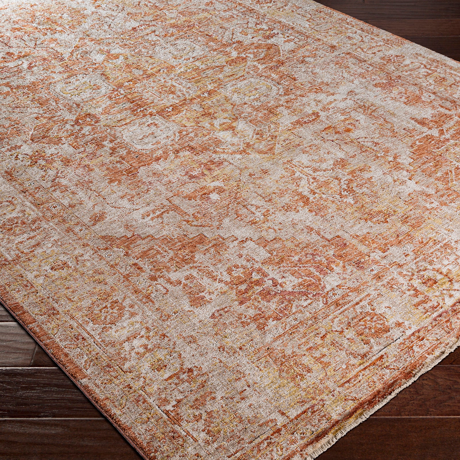 Mirabel Vintage Traditional Boho Fringe Brown & Dusty Coral Polyester Rug 200x290cm - corner detail
