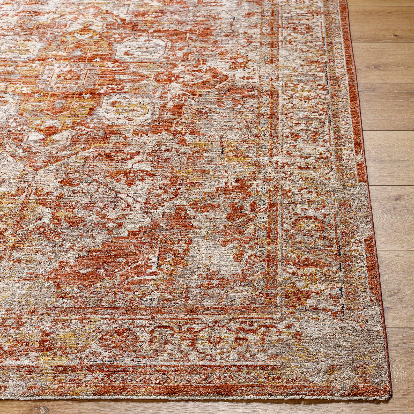 Mirabel Vintage Traditional Boho Fringe Brown & Dusty Coral Polyester Rug 152x225cm - front view