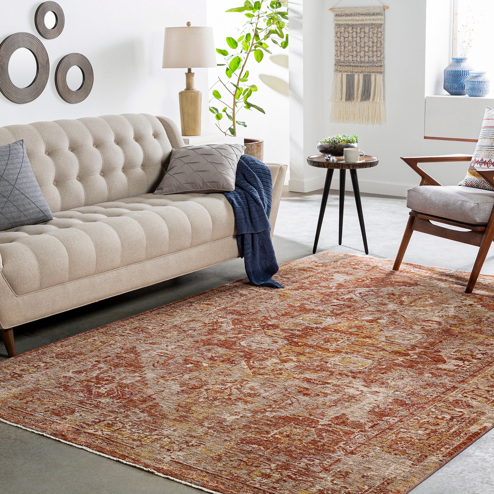 Mirabel Vintage Traditional Boho Fringe Brown & Dusty Coral Polyester Rug 152x225cm - room setting