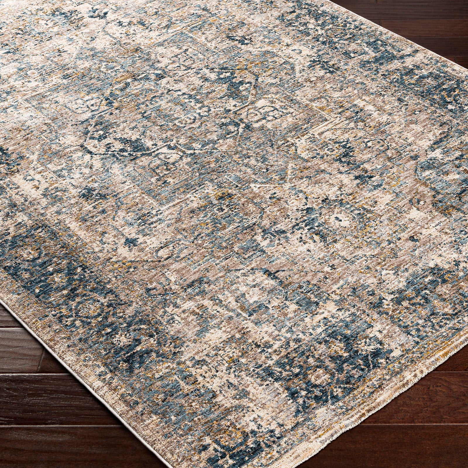 Mirabel Vintage Traditional Boho Fringe Beige & Teal Polyester Rug 152x225cm - corner detail