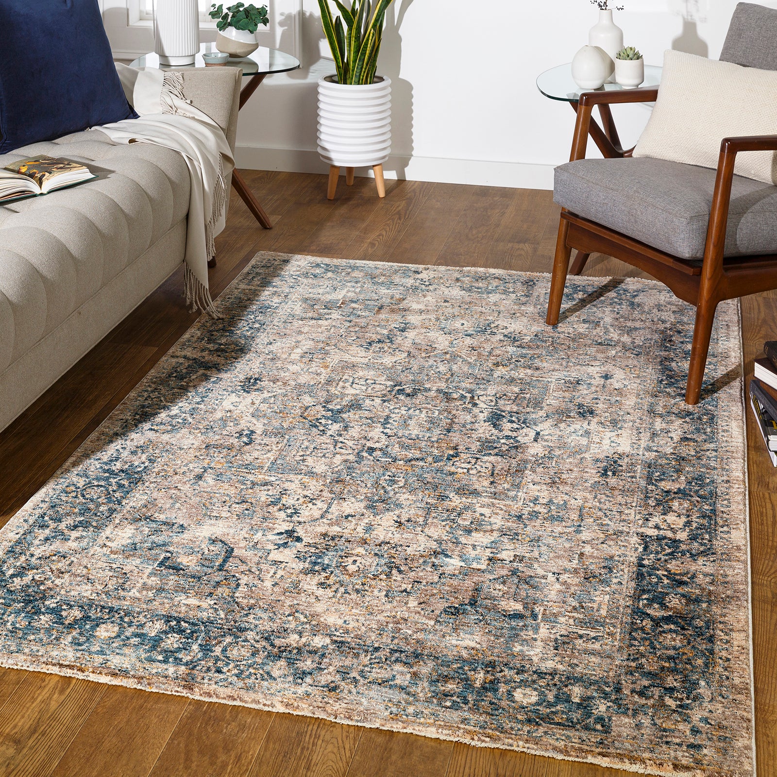 Mirabel Vintage Traditional Boho Fringe Beige & Teal Polyester Rug 152x225cm - room setting