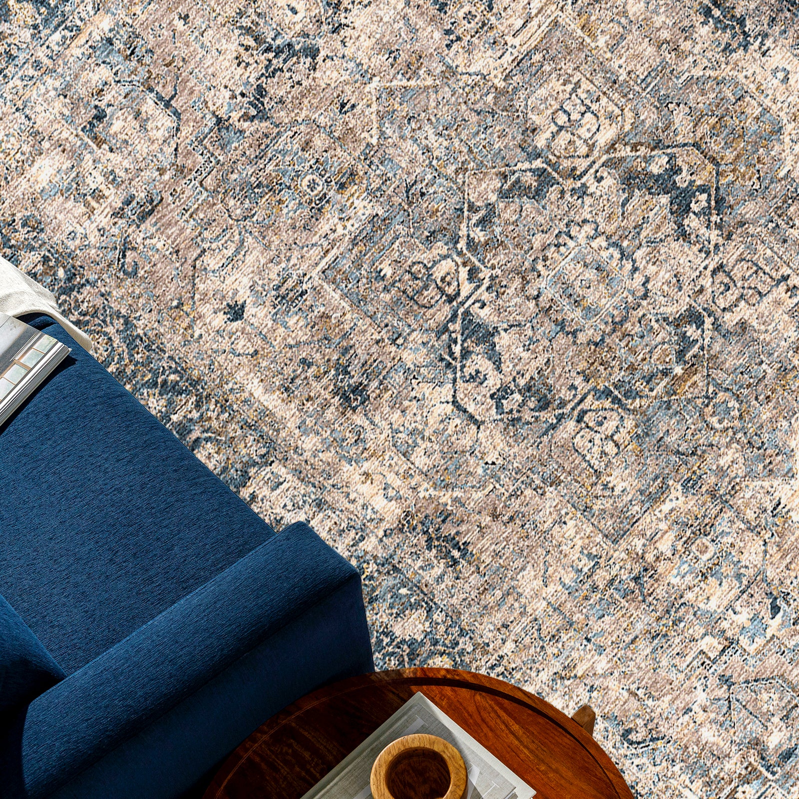 Mirabel Vintage Traditional Boho Fringe Beige & Teal Polyester Rug 152x225cm - styled detail