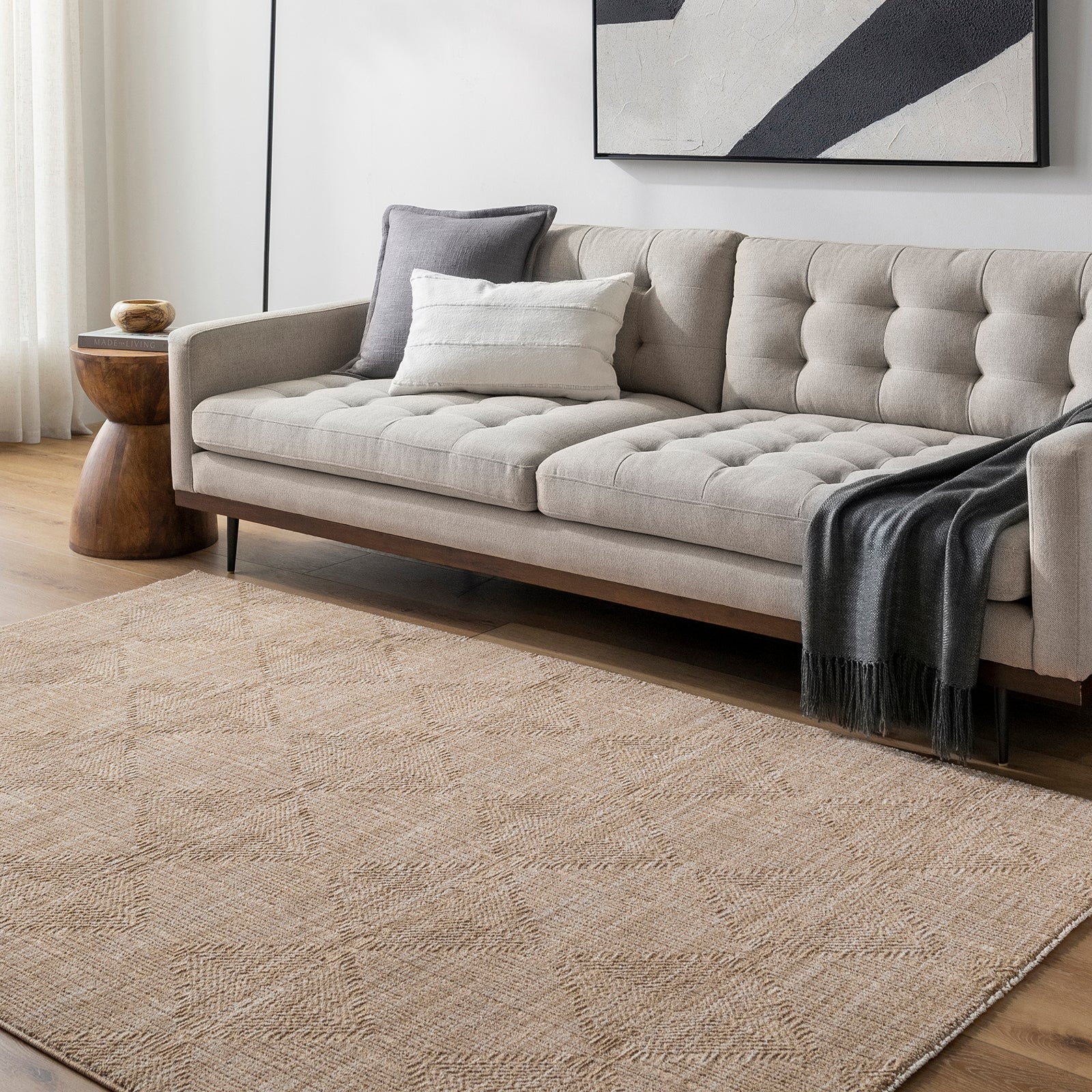Masterpiece Modern Graphic Fringe Beige & Tan Polyester Rug 152x225cm - room setting