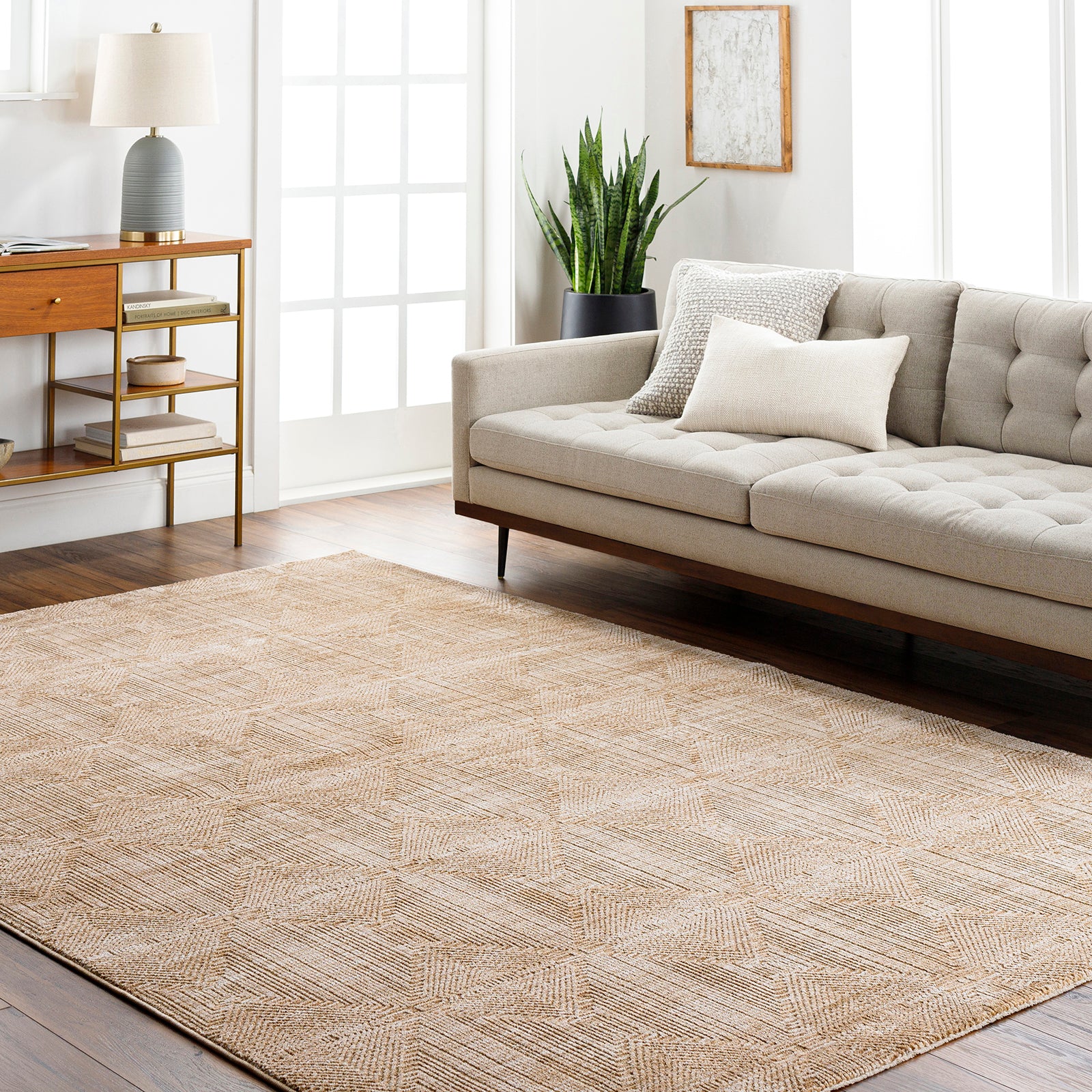 Masterpiece Modern Graphic Fringe Beige & Tan Polyester Rug 152x225cm - second room setting