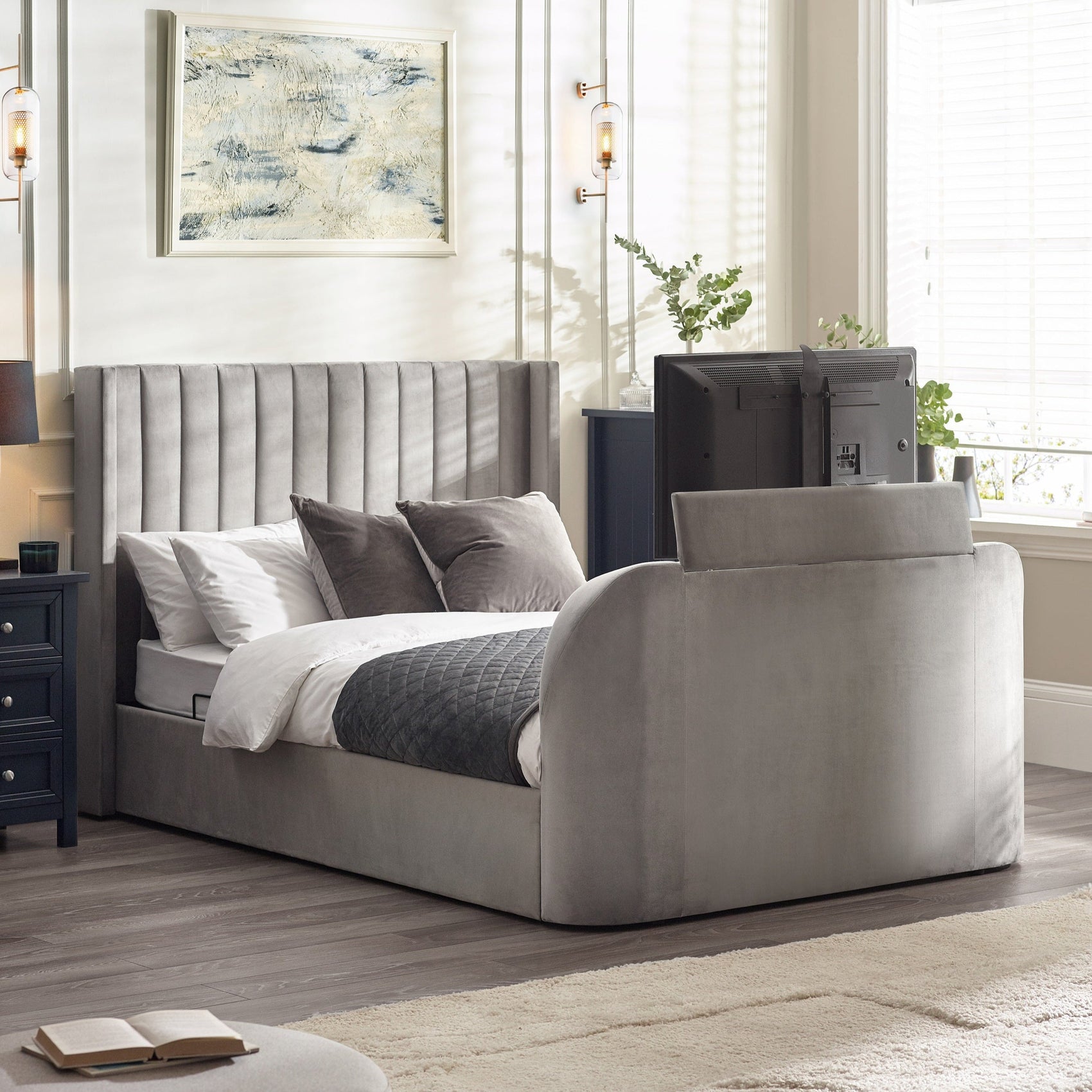 Alston Light Grey Velvet Ottoman TV Bed Double