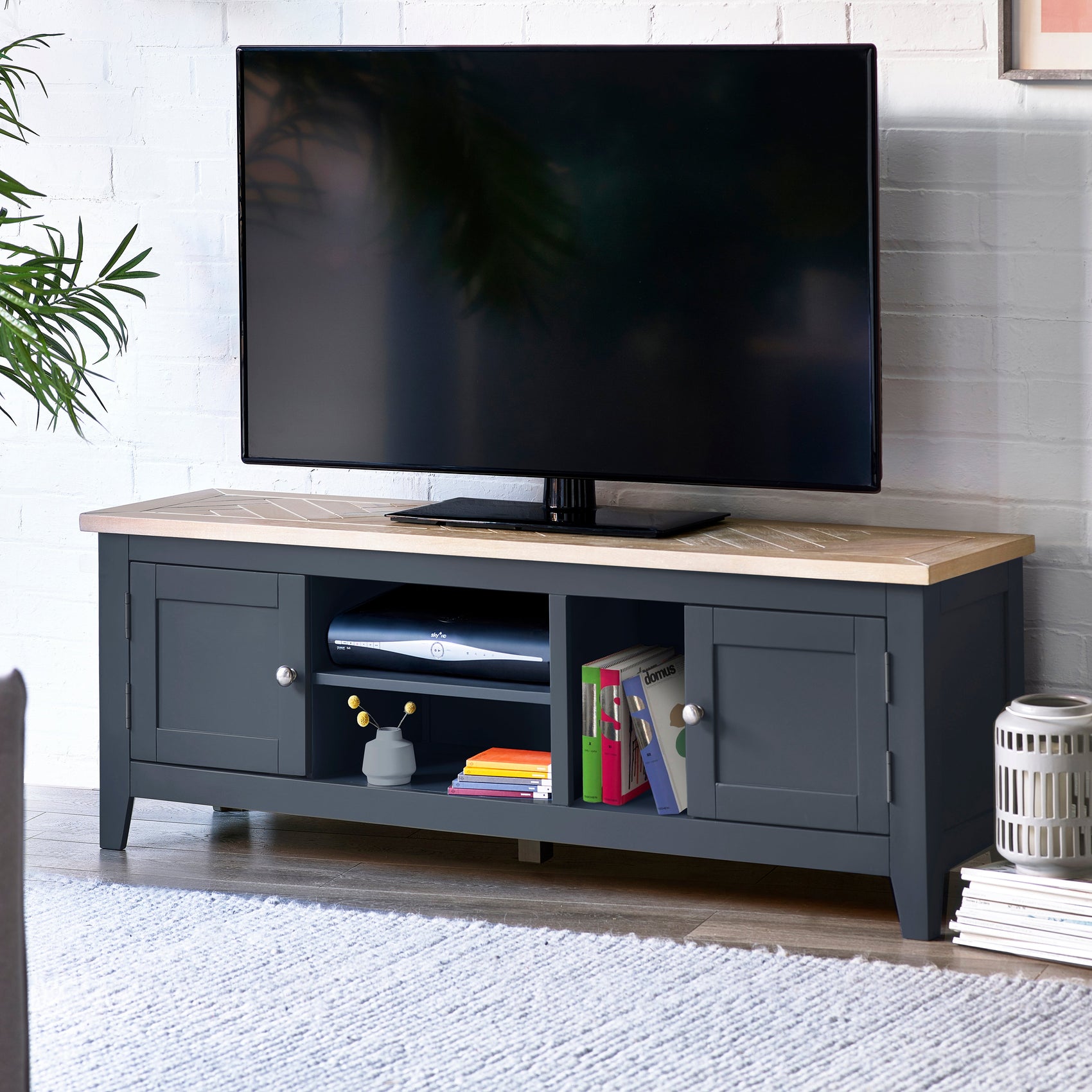 Sanderson Oak Wood TV Unit Dark Grey