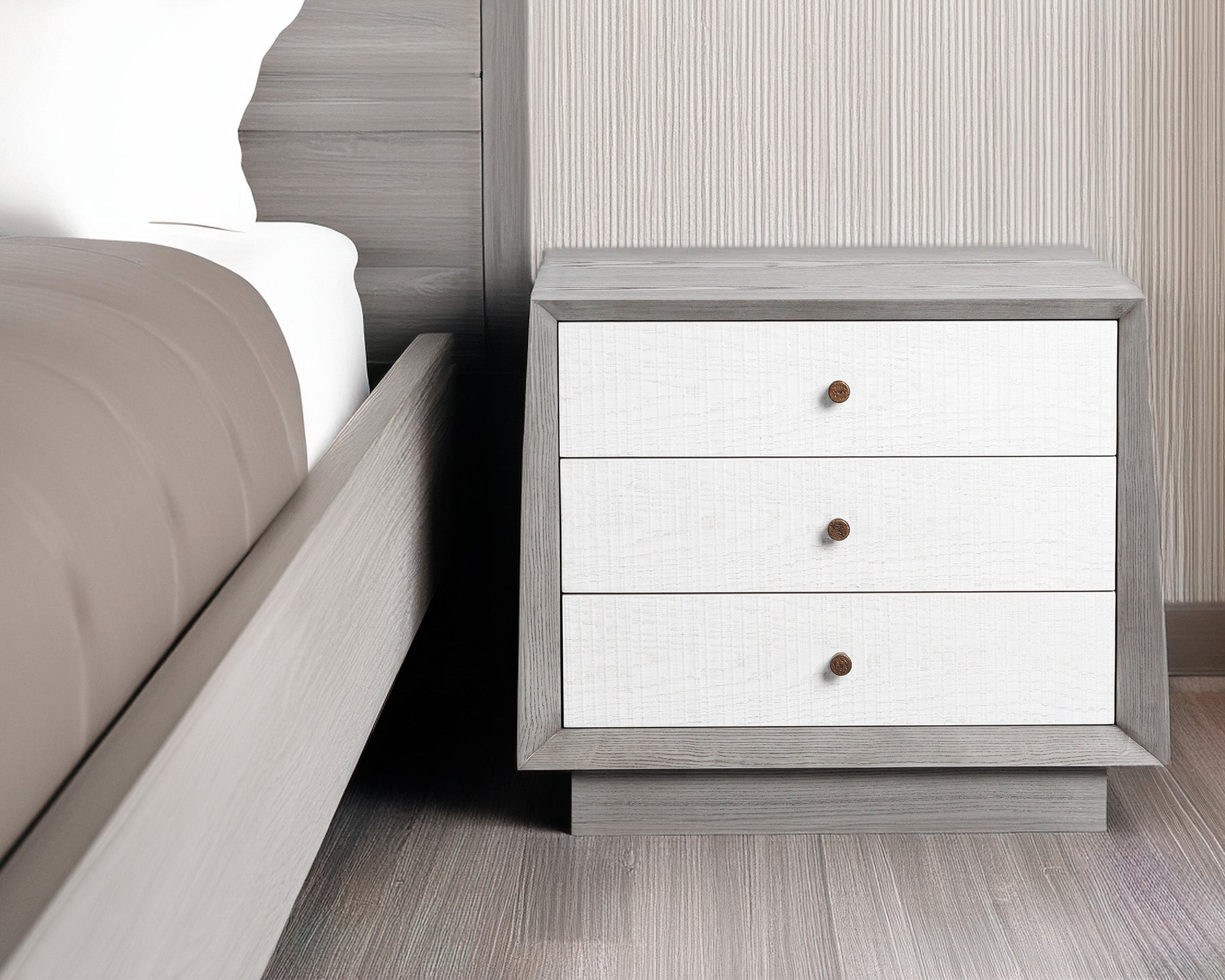 Otilia Bedside Table - Silver Grey & White Saw Cut