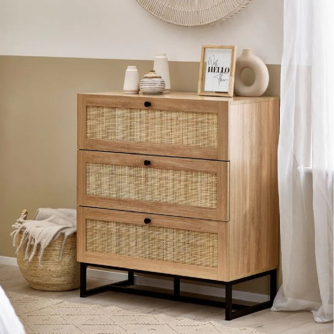 Clermont Oak Wood & Rattan Chest of Drawers | 3 Drawers