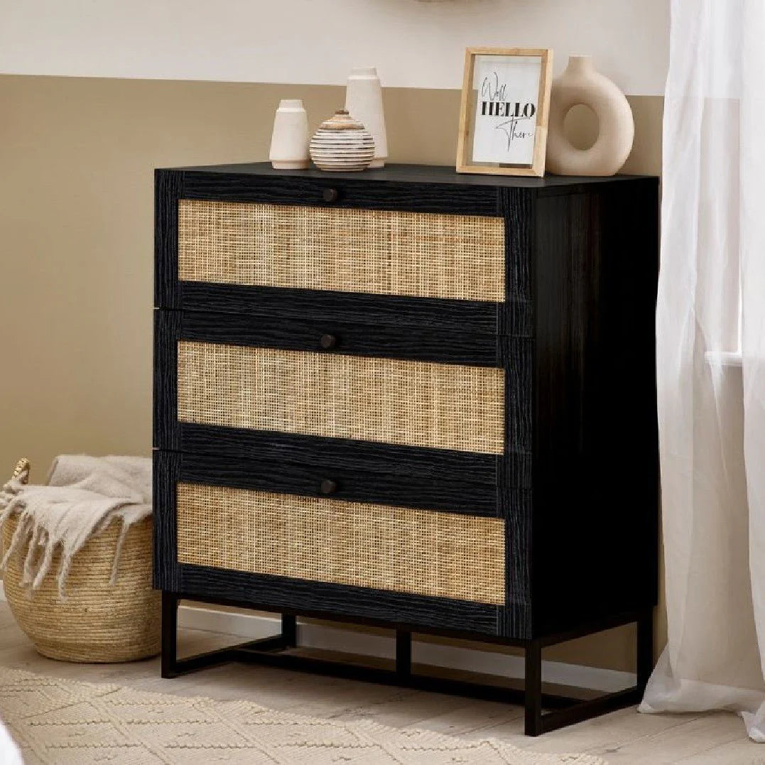 Clermont Black Oak Wood & Rattan Chest of Drawers | 3 Drawers