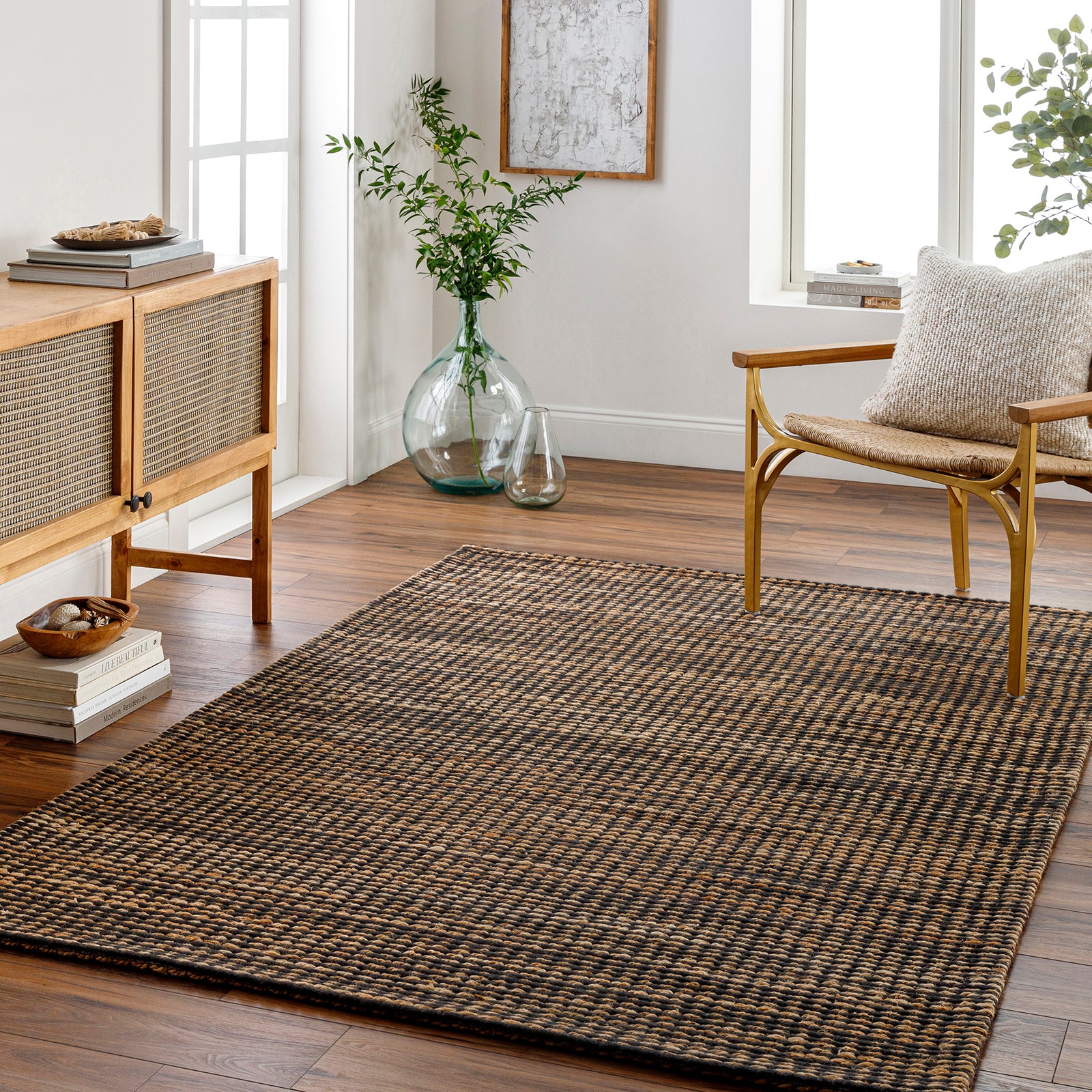 Priya Modern Jute Wool Modern Brown & Black Rug 183x275cm - room setting