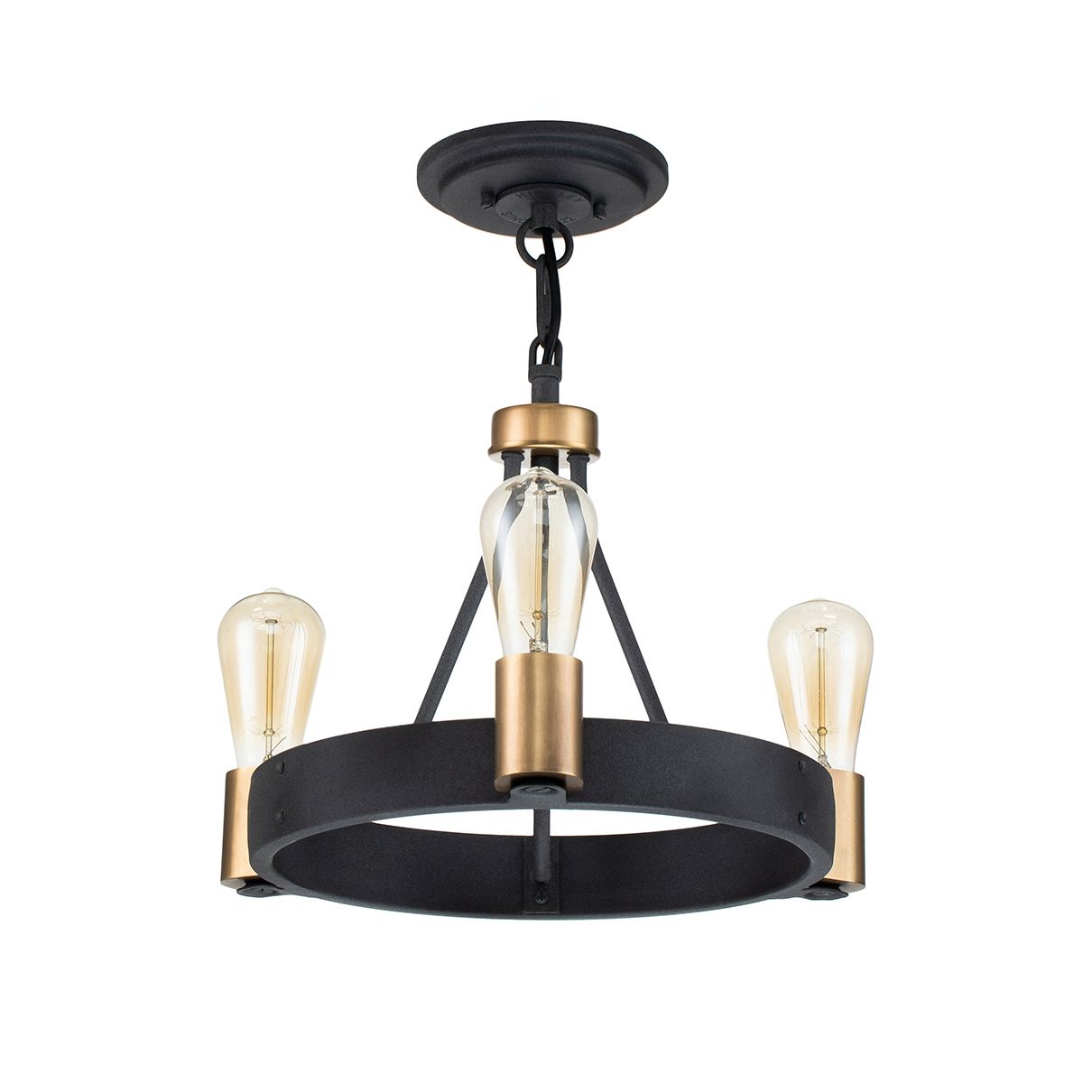Quintiesse - Silas Triple Pendant Light/Semi Flush Ceiling Light - Black & Brass