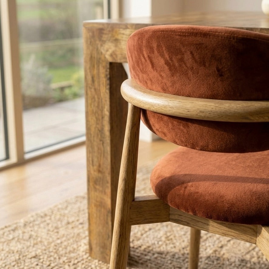 Elin Orange Rust Velvet & Light Oak Wood Dining Chair