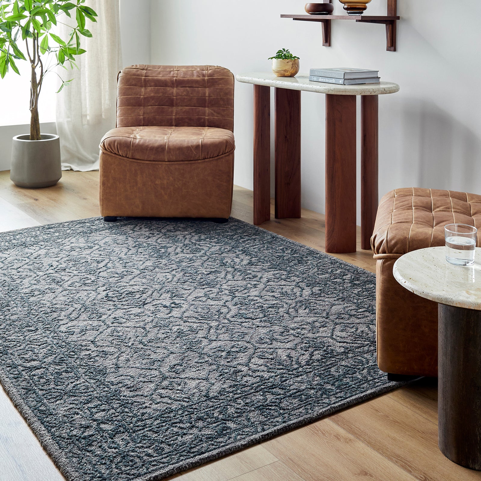 Sicily Vintage Wool Traditional Vintage Boho Blue & Charcoal Rug 152x229cm - room setting