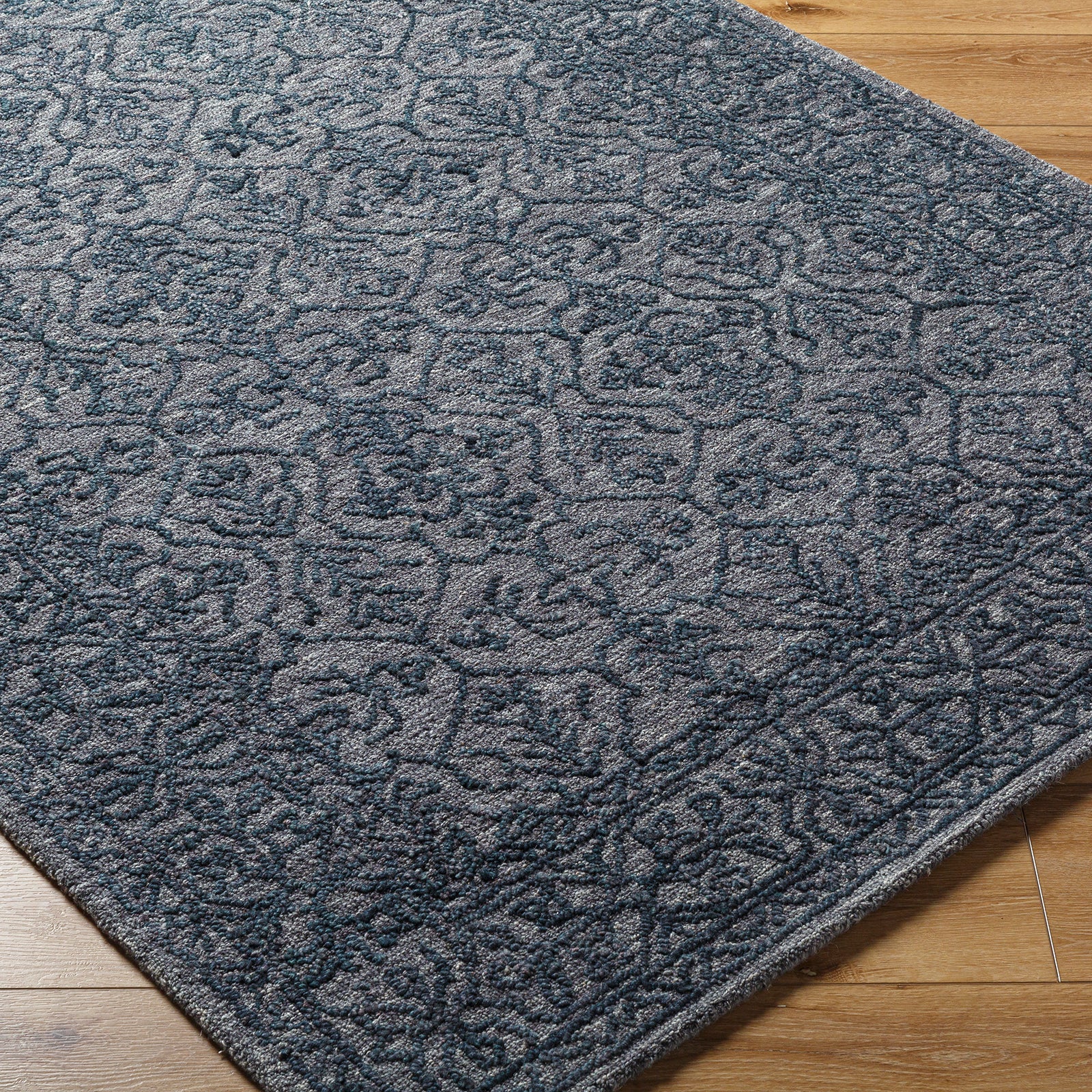 Sicily Vintage Wool Traditional Vintage Boho Blue & Charcoal Rug 152x229cm - corner detail