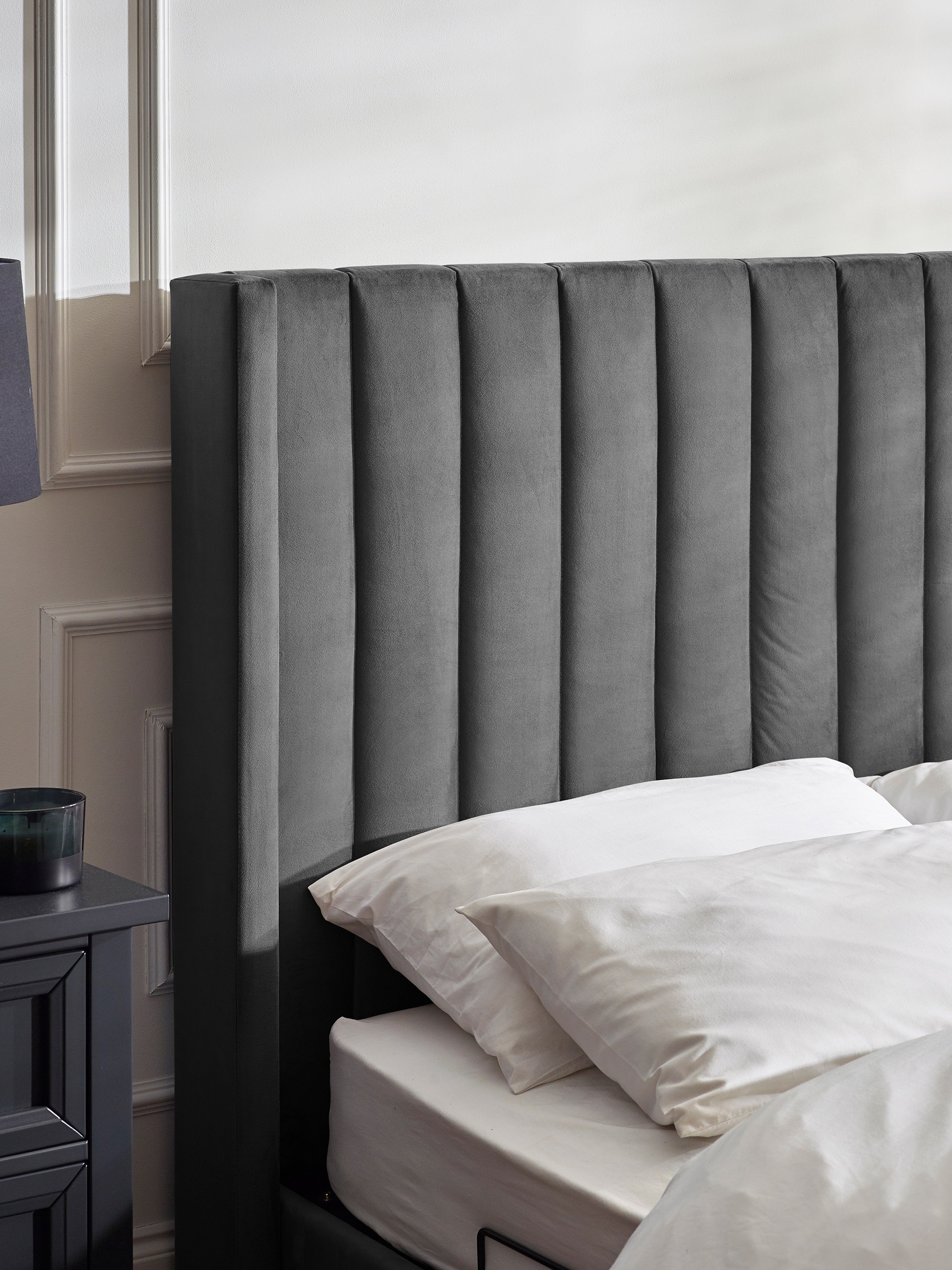 Alston Dark Grey Velvet Ottoman TV Bed King