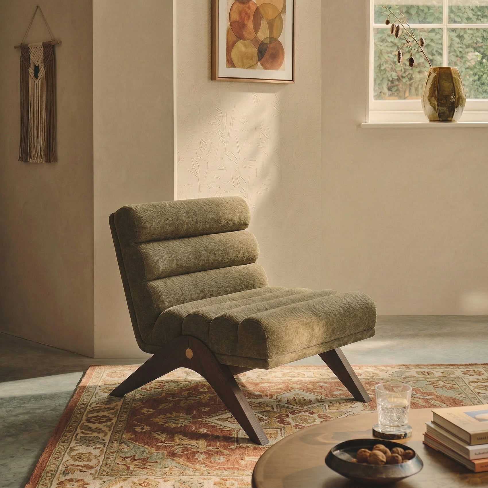 Charles Kenia Moss Chenille & Mid Brown Armchair
