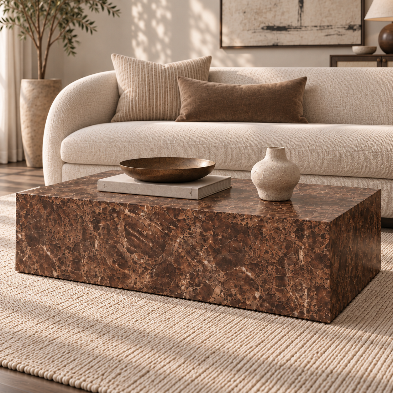 Sur Brown Emperador Marble Rectangle Coffee Table in a styled living room
