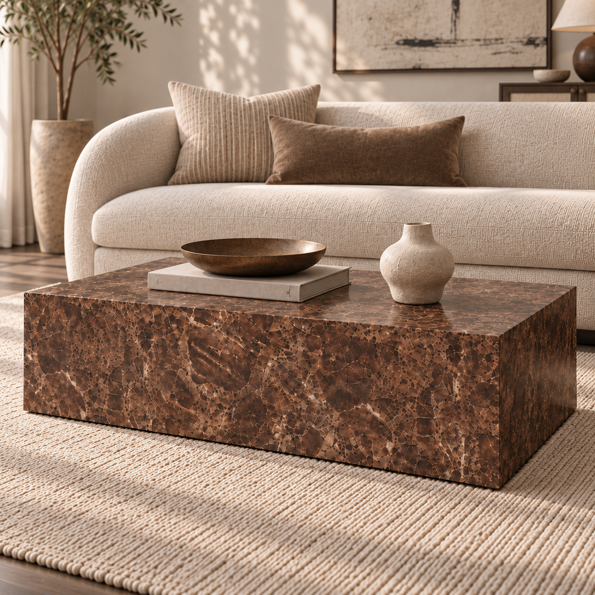 Sur Brown Emperador Marble Rectangle Coffee Table in a styled living room