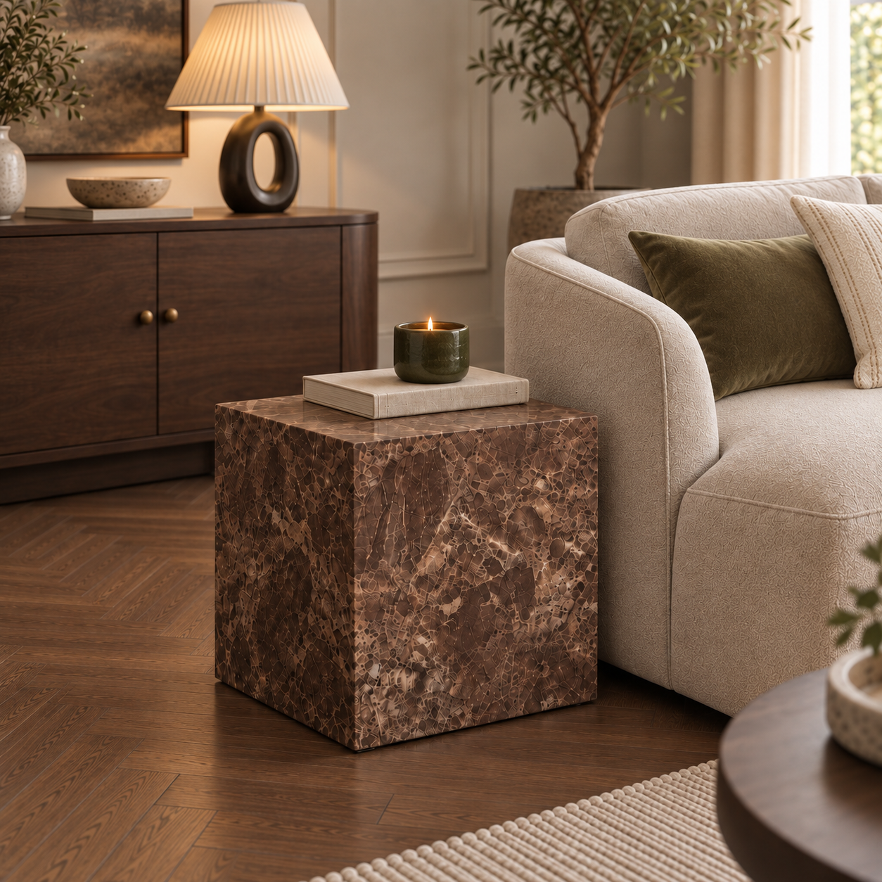 Sur Brown Emperador Marble Side Table in a styled living room