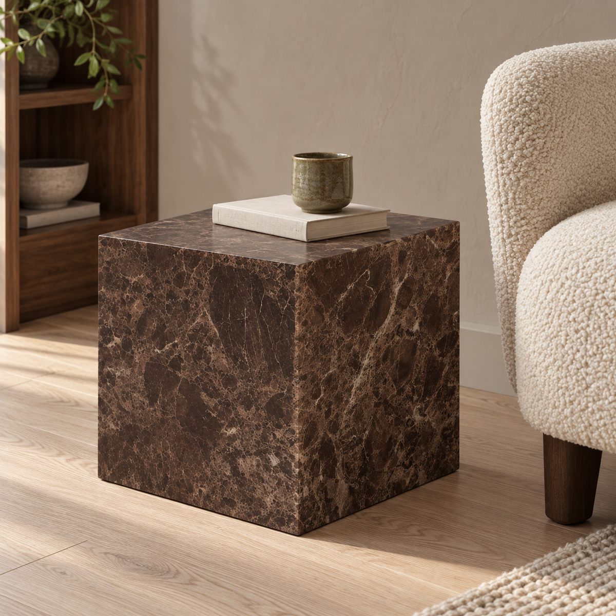 Sur Brown Emperador Marble Side Table with pale boucle seating and natural oak flooring