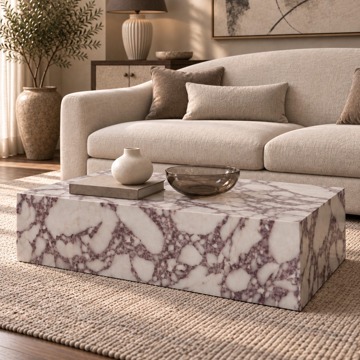 Sur White Calacatta Marble Rectangle Coffee Table in a styled living room