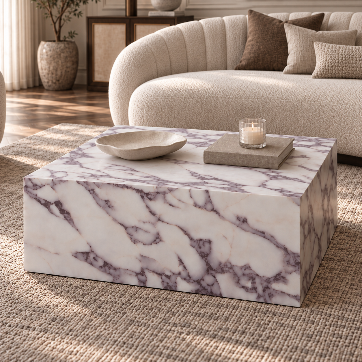 Sur White Calacatta Marble Square Coffee Table in a styled living room