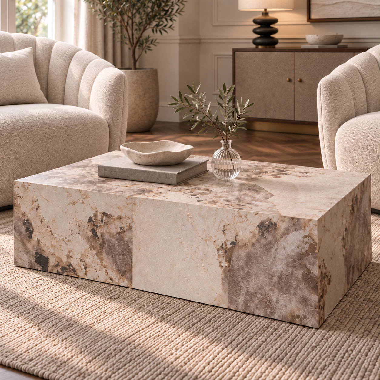 Sur Pandora White Marble Rectangle Coffee Table in a styled living room