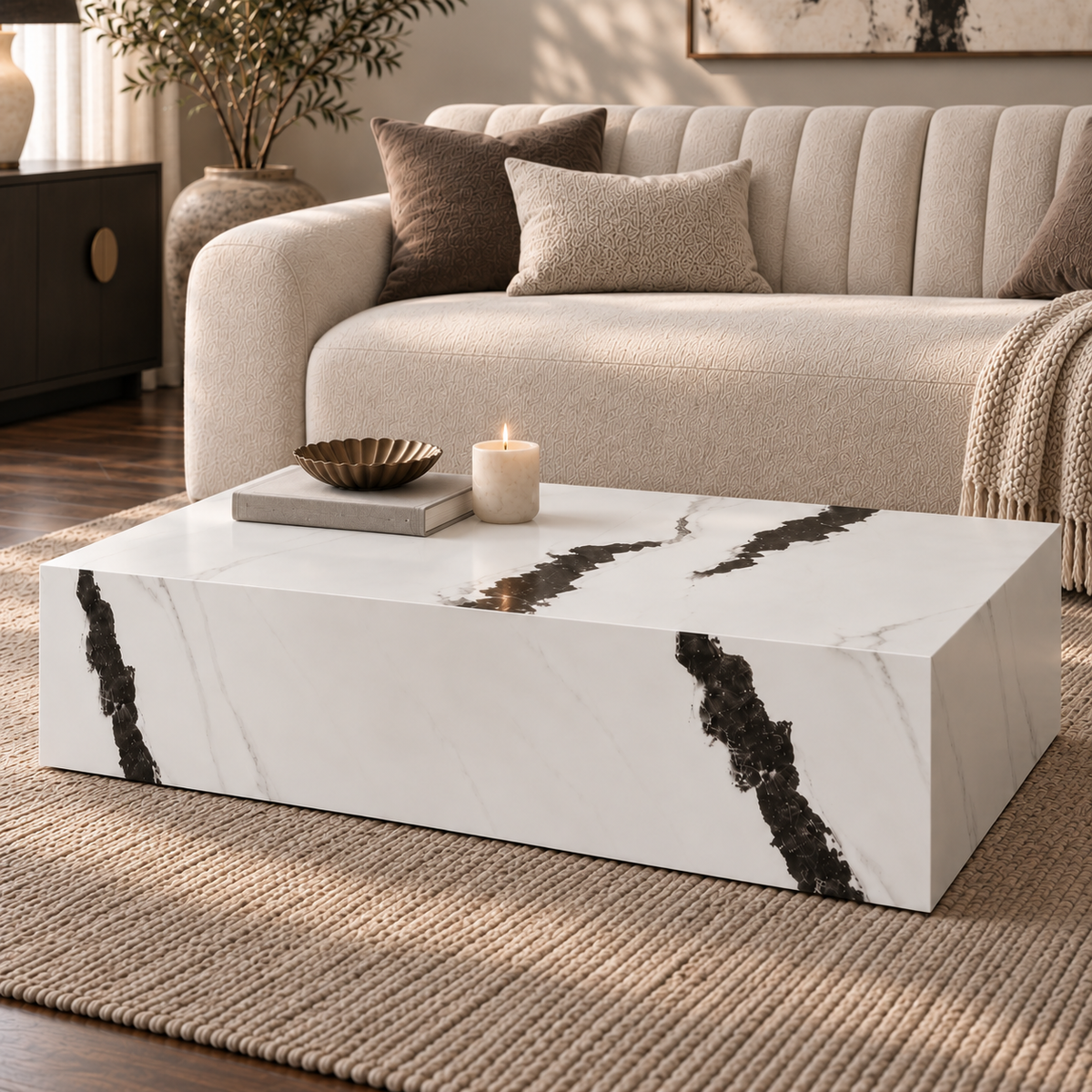 Sur Panda White Marble Coffee Table in a styled living room