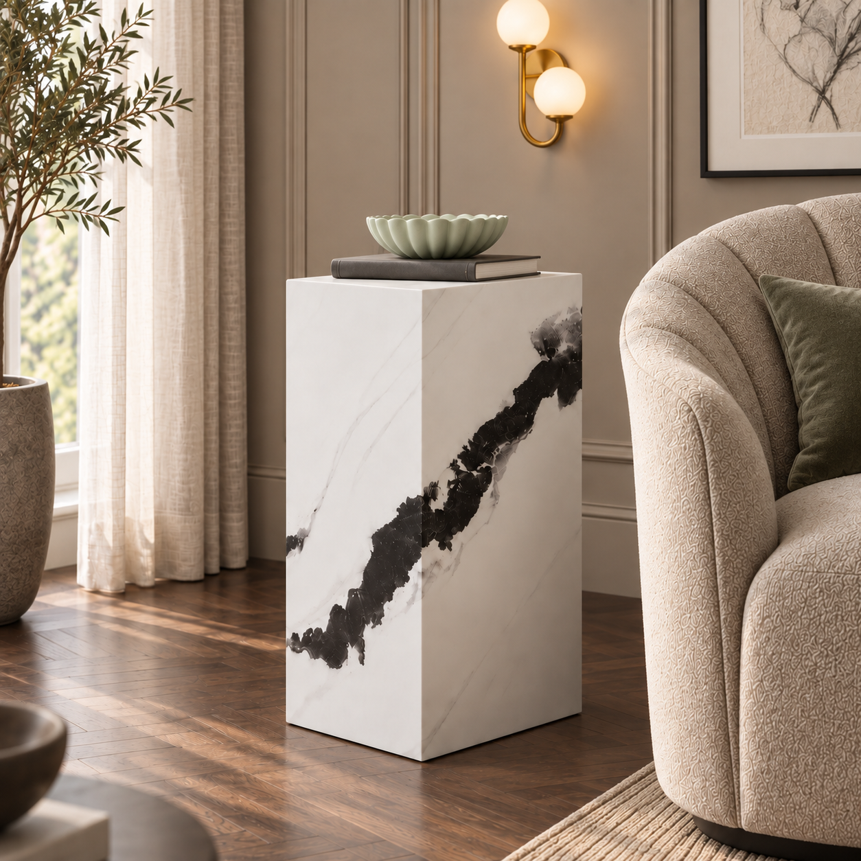 Sur Panda White Marble Small Pedestal in a styled living room