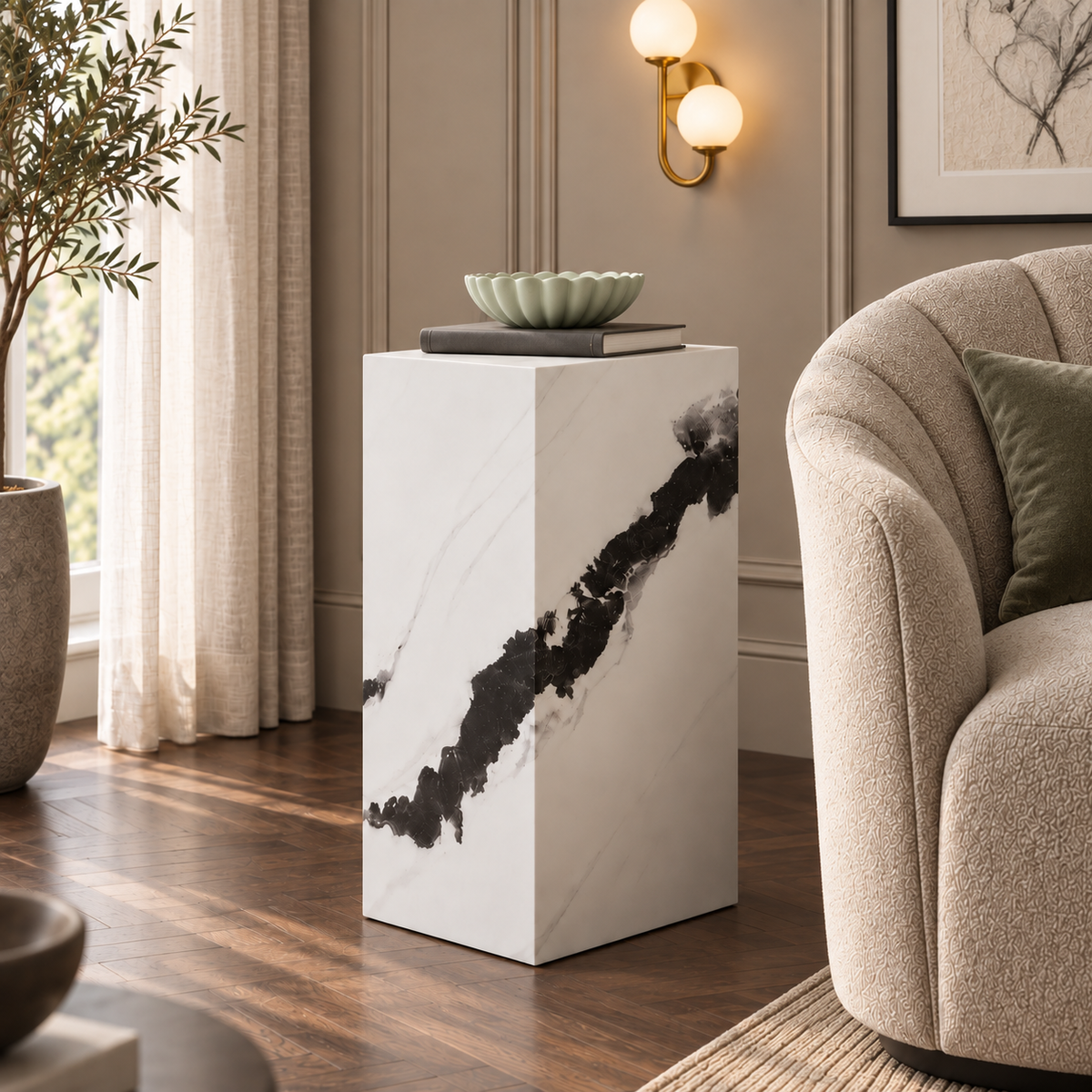 Sur Panda White Marble Small Pedestal in a styled living room