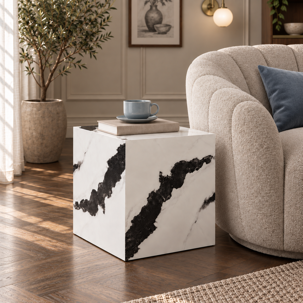 Sur Panda White Marble Cube Side Table in a styled living room